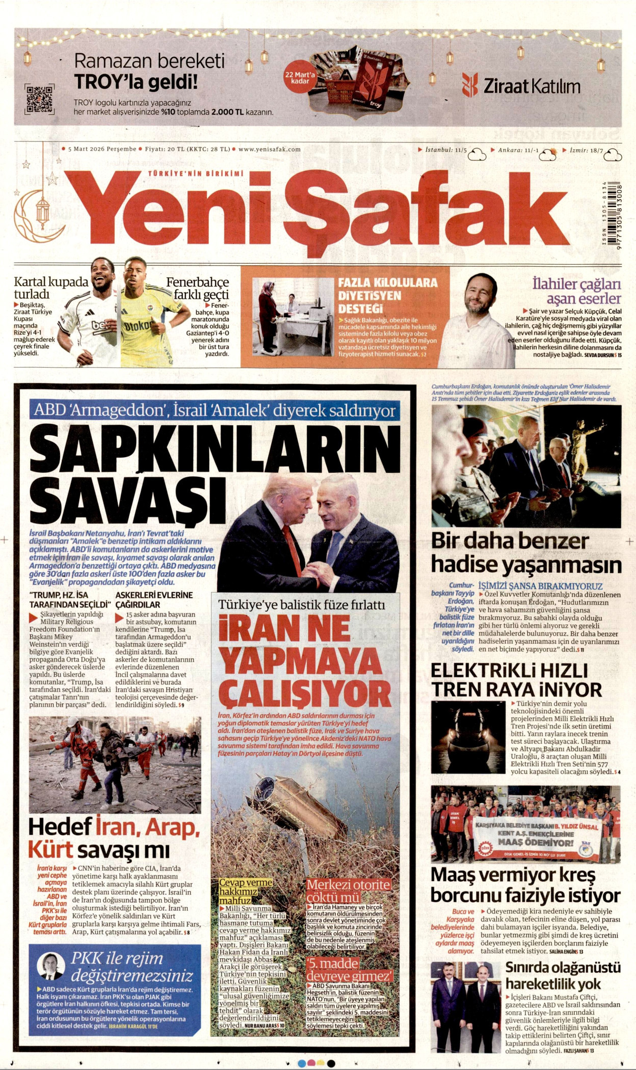 YENİ ŞAFAK gazetesinin 5 Mart 2026 tarihli birinci sayfası