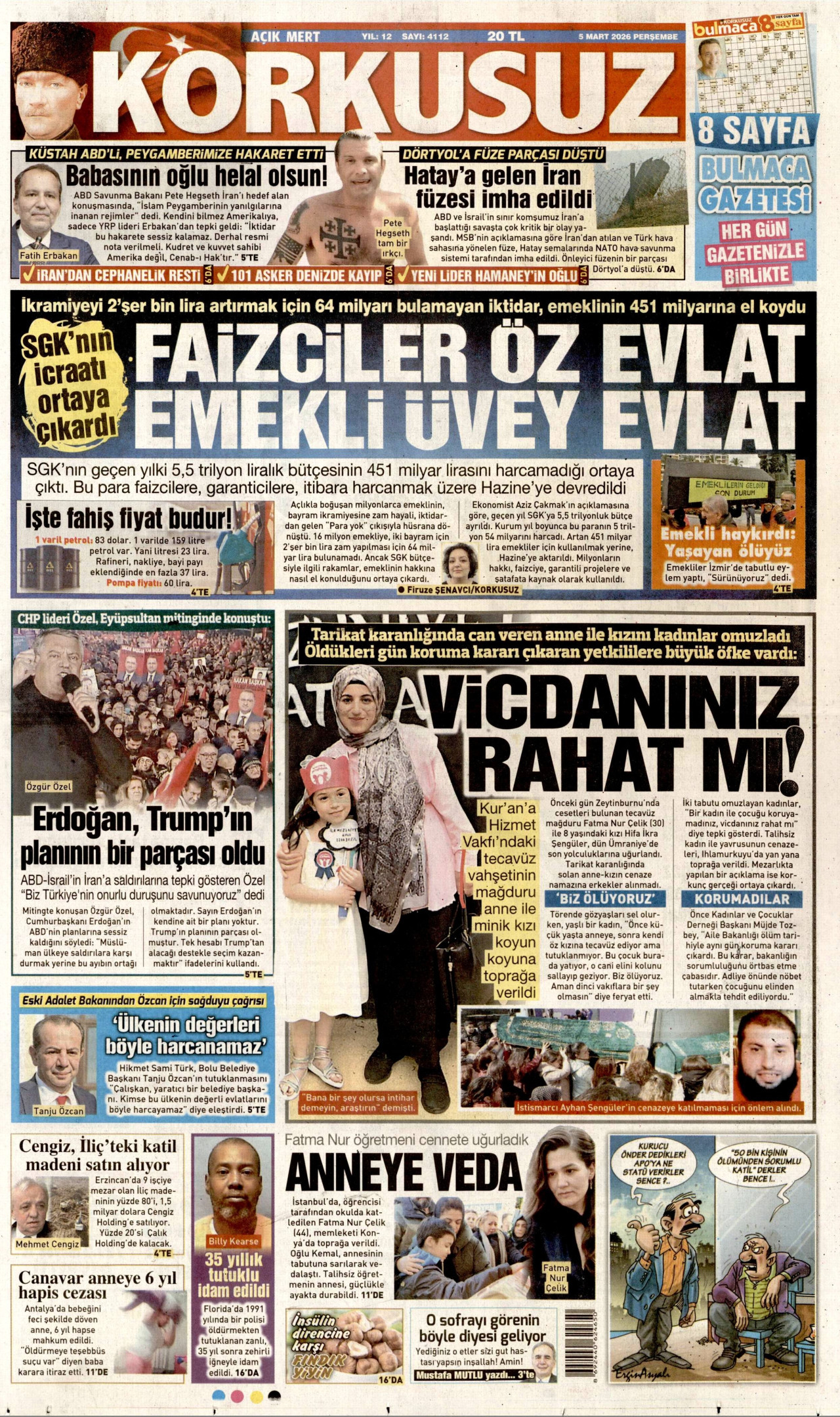 KORKUSUZ gazetesinin 5 Mart 2026 tarihli birinci sayfası