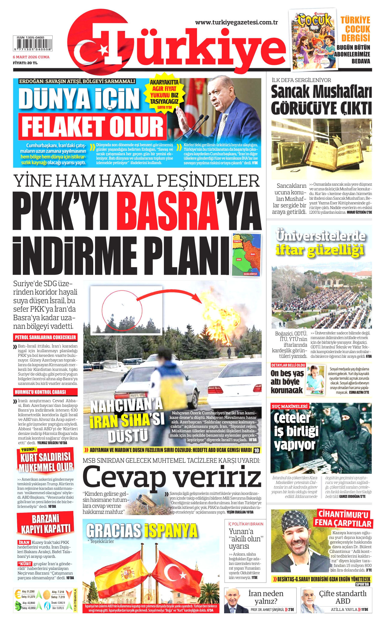TÜRKİYE GAZETESİ gazetesinin 6 Mart 2026 tarihli birinci sayfası