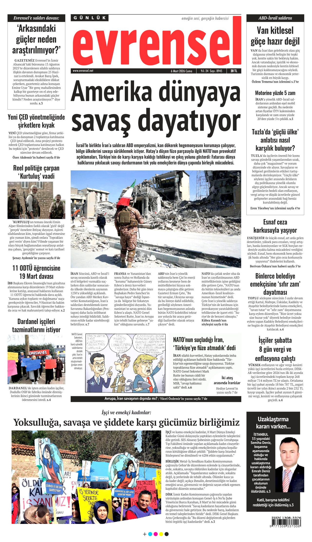 EVRENSEL gazetesinin 6 Mart 2026 tarihli birinci sayfası