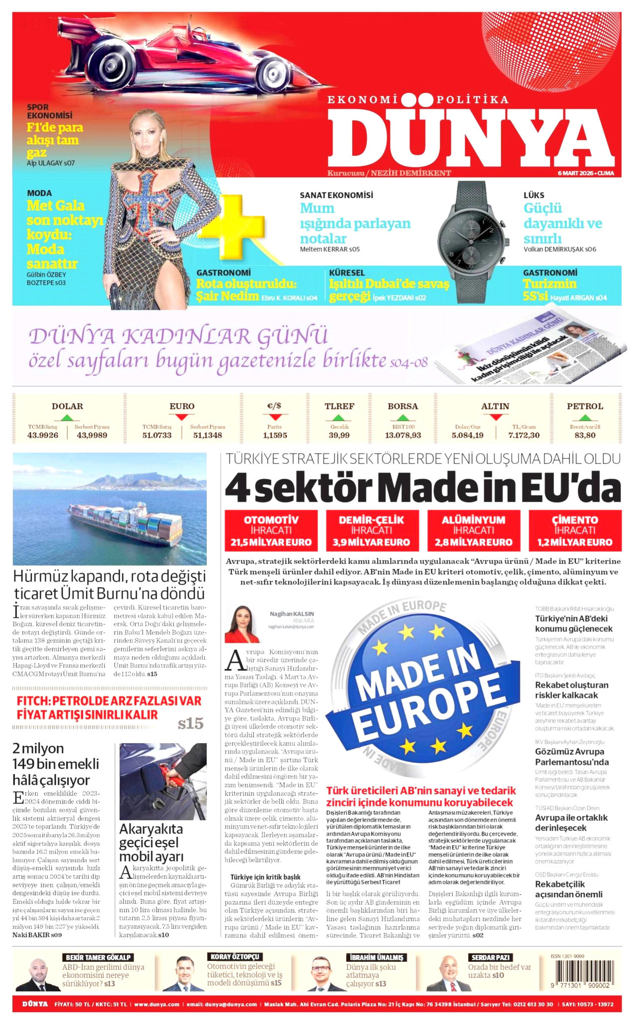 DÜNYA gazetesinin 6 Mart 2026 tarihli birinci sayfası