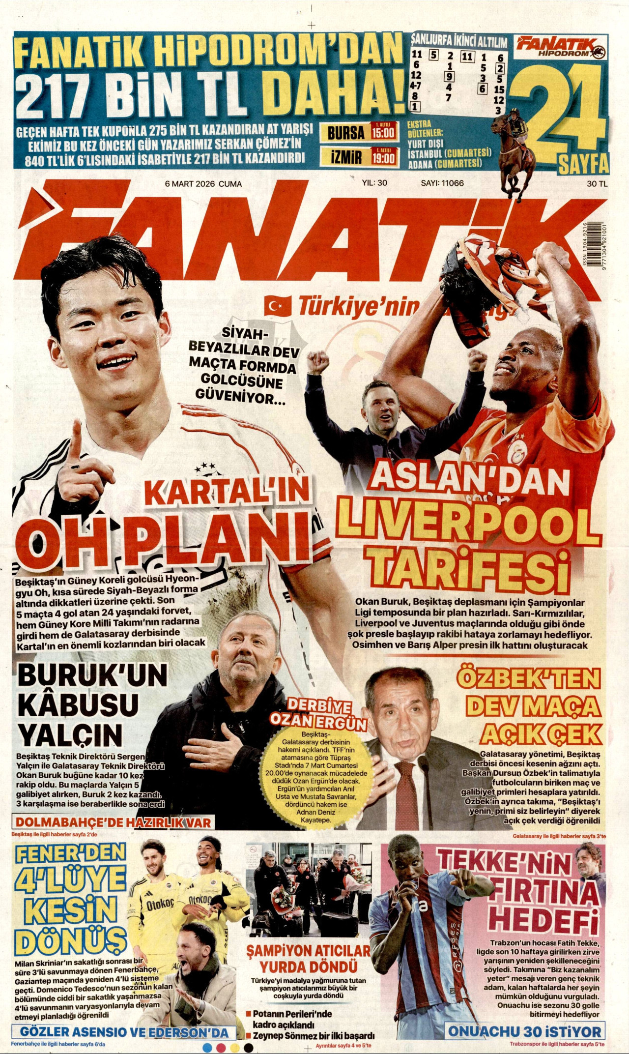 FANATİK gazetesinin 6 Mart 2026 tarihli birinci sayfası