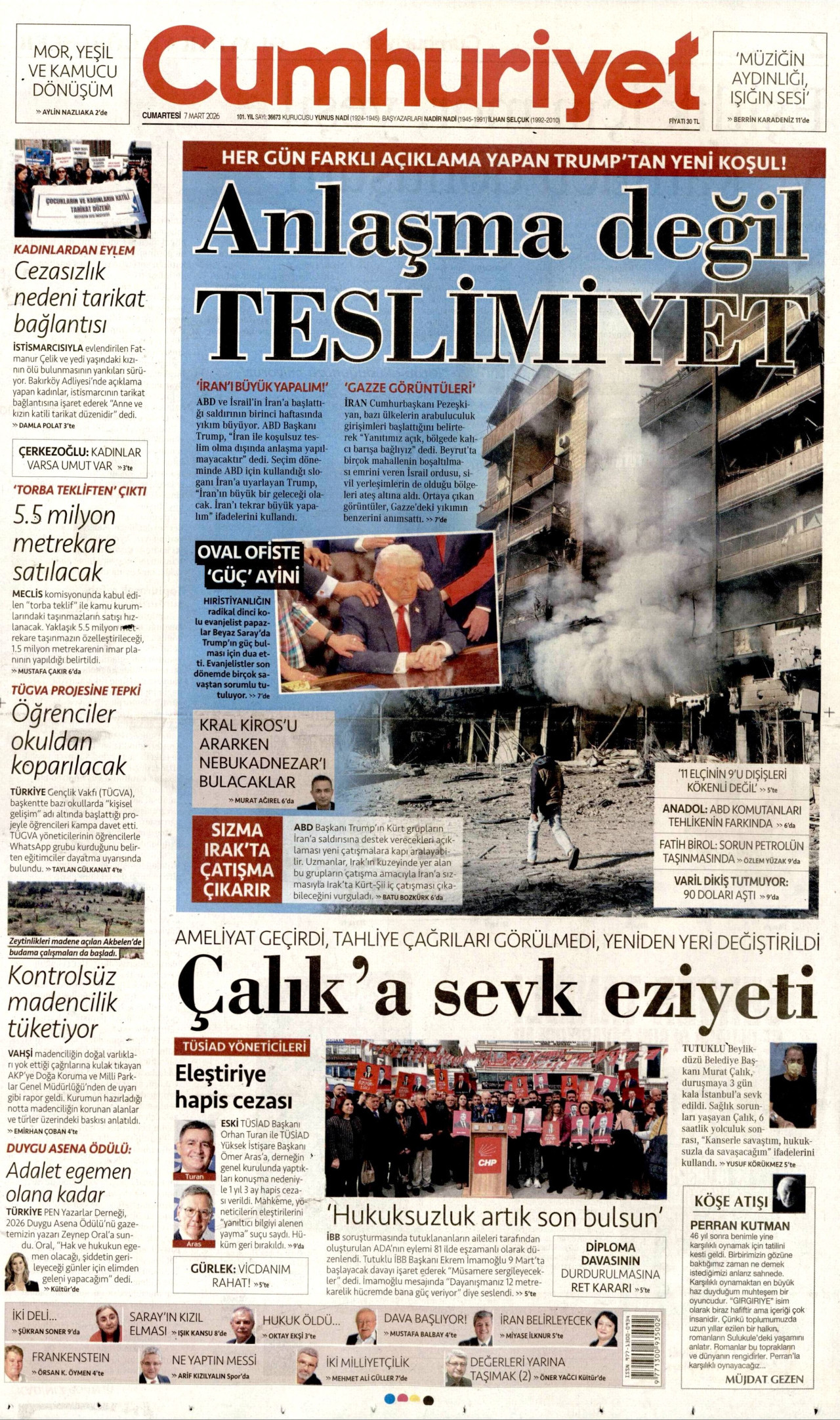 CUMHURİYET gazetesinin 7 Mart 2026 tarihli birinci sayfası