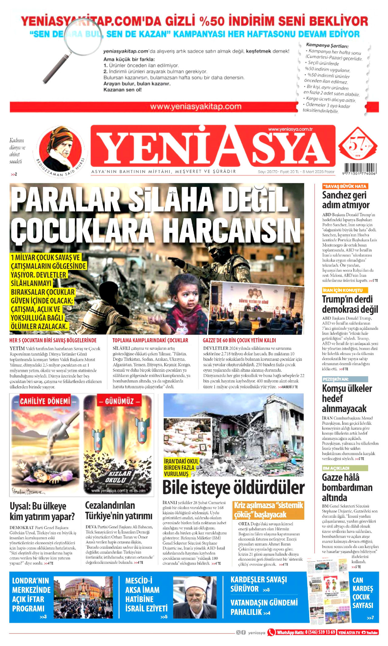 YENİ ASYA gazetesinin 8 Mart 2026 tarihli birinci sayfası