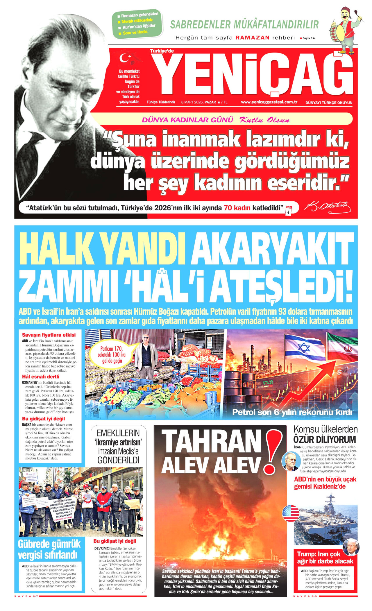 YENİÇAĞ gazetesinin 8 Mart 2026 tarihli birinci sayfası