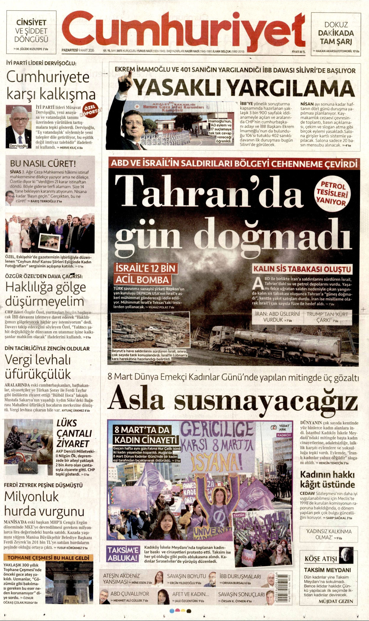 CUMHURİYET gazetesinin 9 Mart 2026 tarihli birinci sayfası