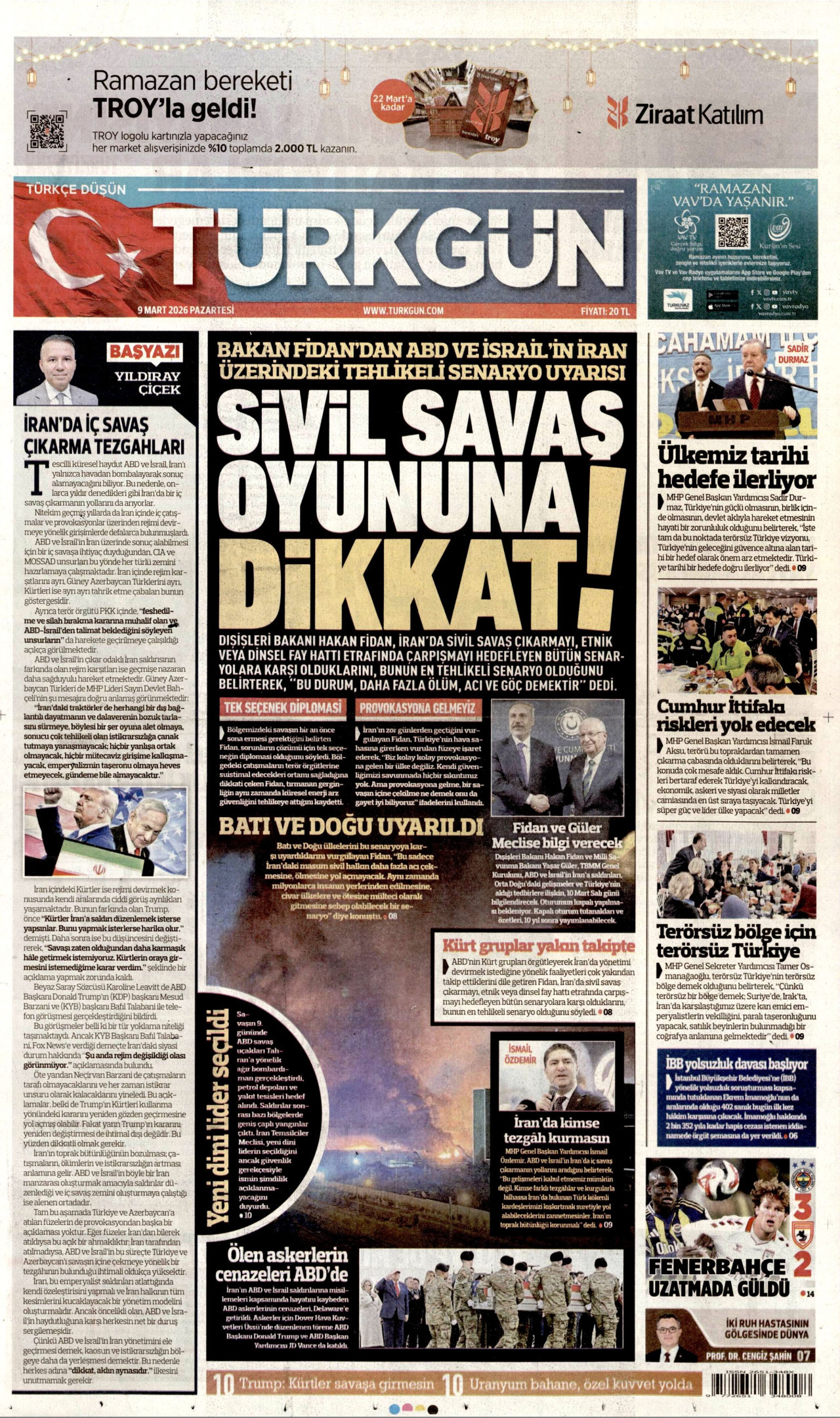 TÜRKGÜN gazetesinin 9 Mart 2026 tarihli birinci sayfası