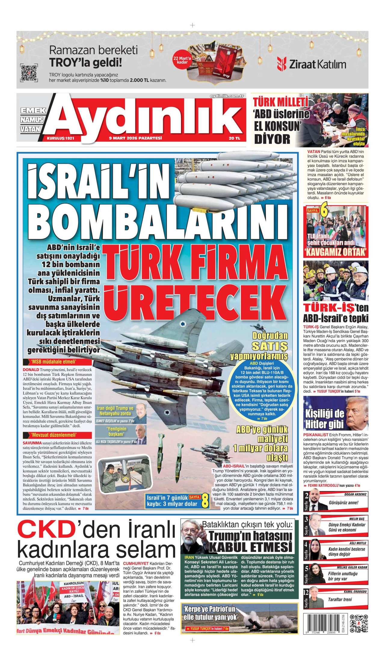 AYDINLIK GAZETESİ gazetesinin 9 Mart 2026 tarihli birinci sayfası
