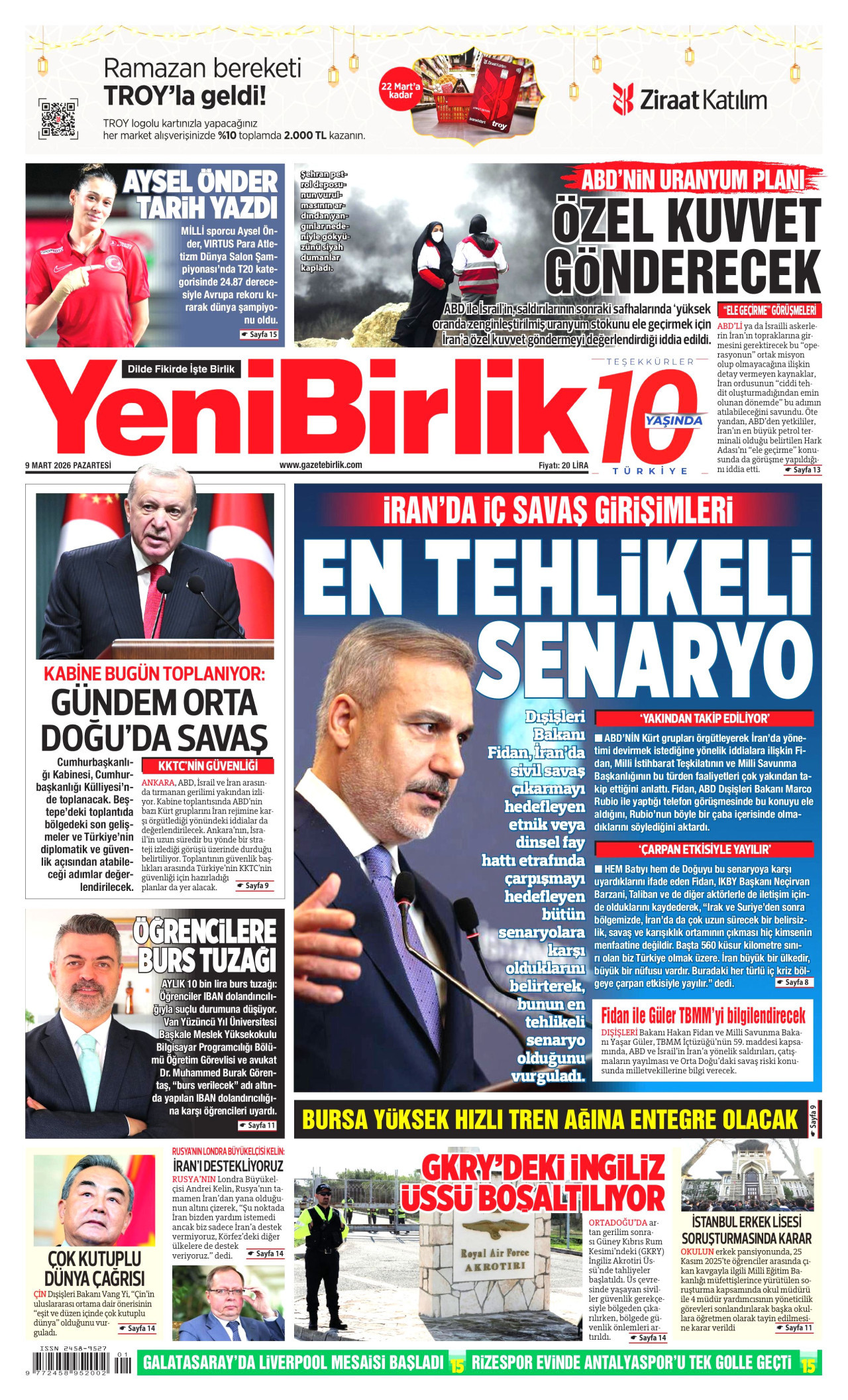 YENİBİRLİK gazetesinin 9 Mart 2026 tarihli birinci sayfası