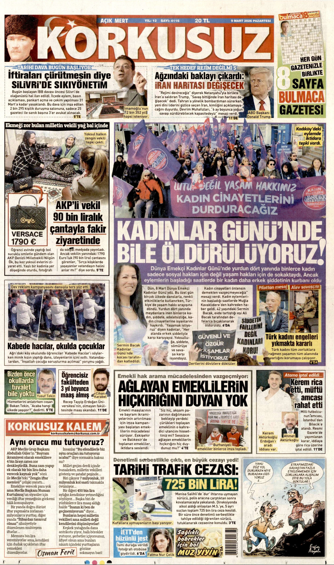 KORKUSUZ gazetesinin 9 Mart 2026 tarihli birinci sayfası