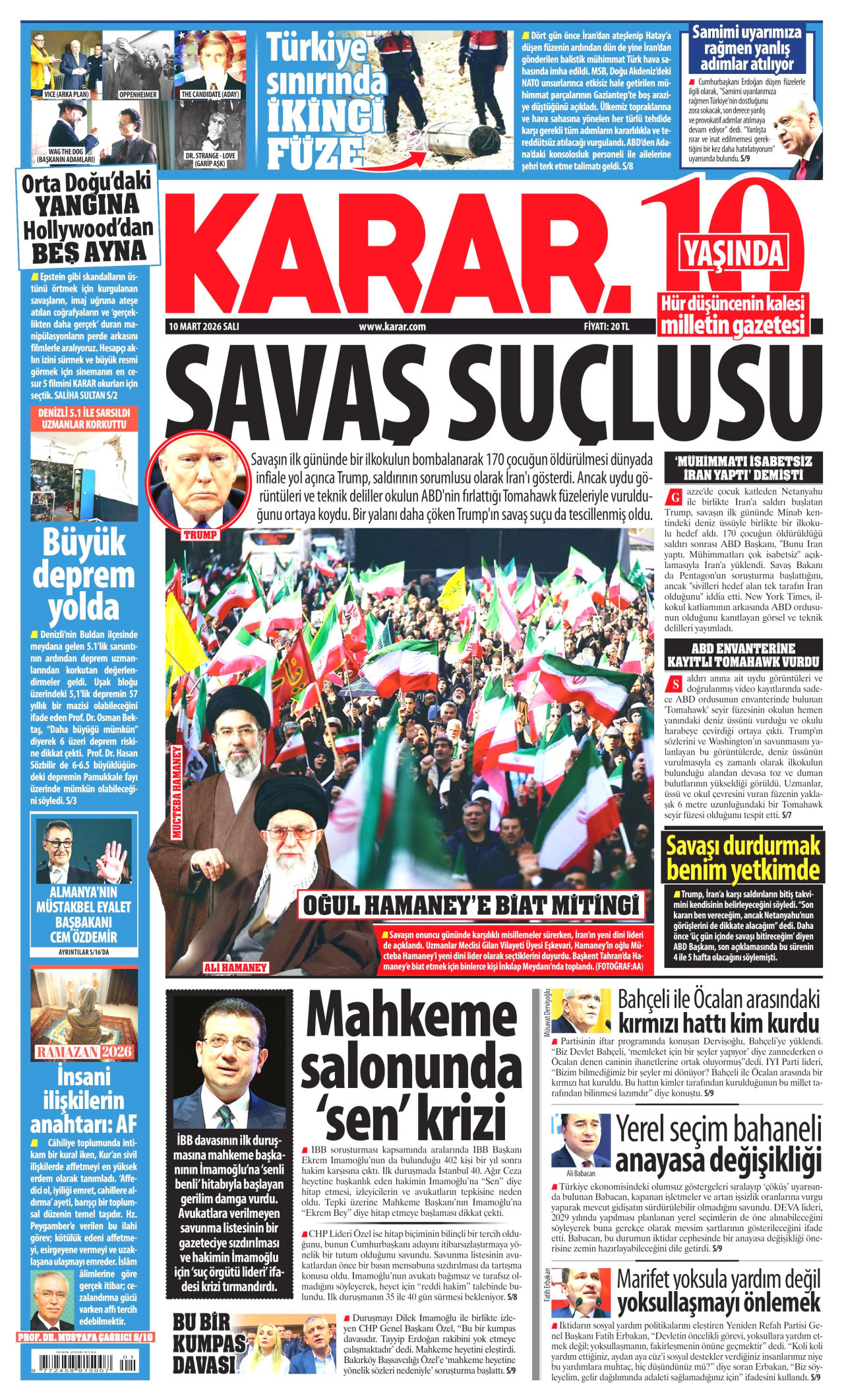 KARAR gazetesinin 10 Mart 2026 tarihli birinci sayfası