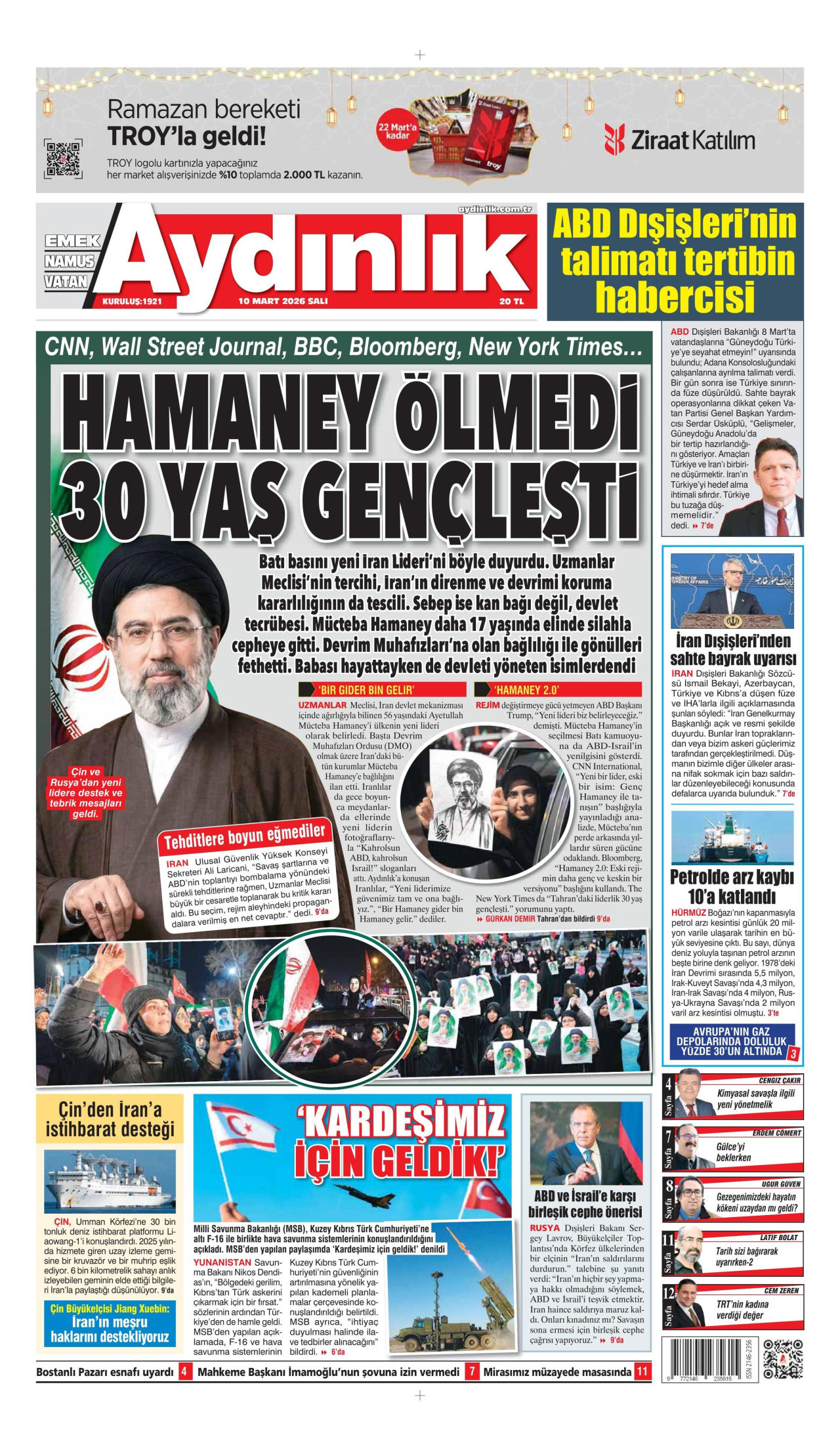 AYDINLIK GAZETESİ gazetesinin 10 Mart 2026 tarihli birinci sayfası