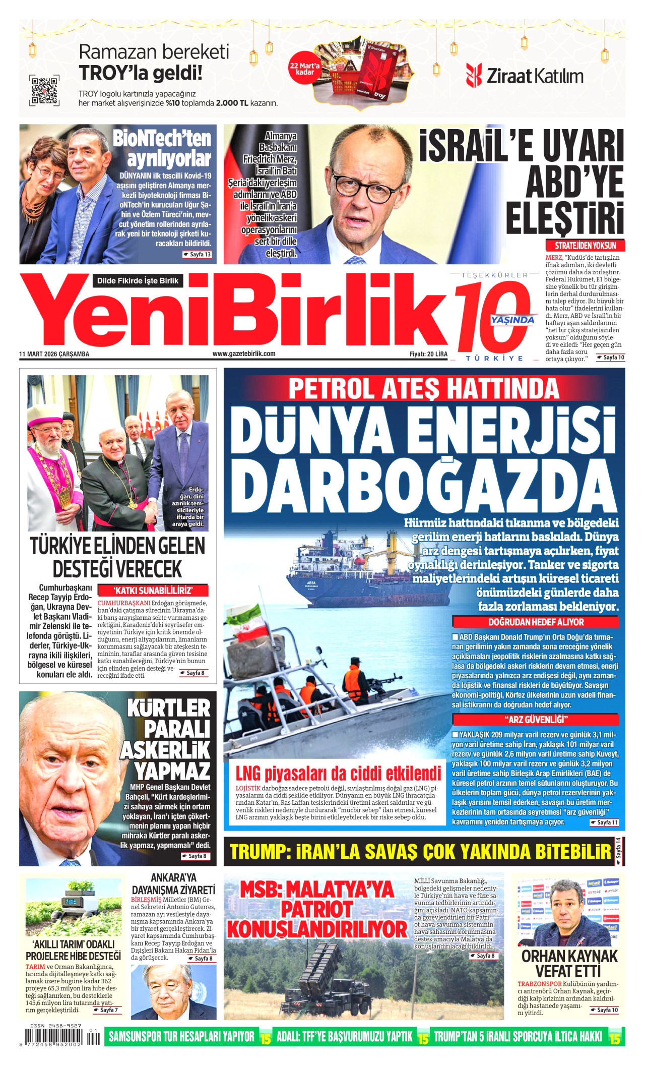 YENİBİRLİK gazetesinin 11 Mart 2026 tarihli birinci sayfası
