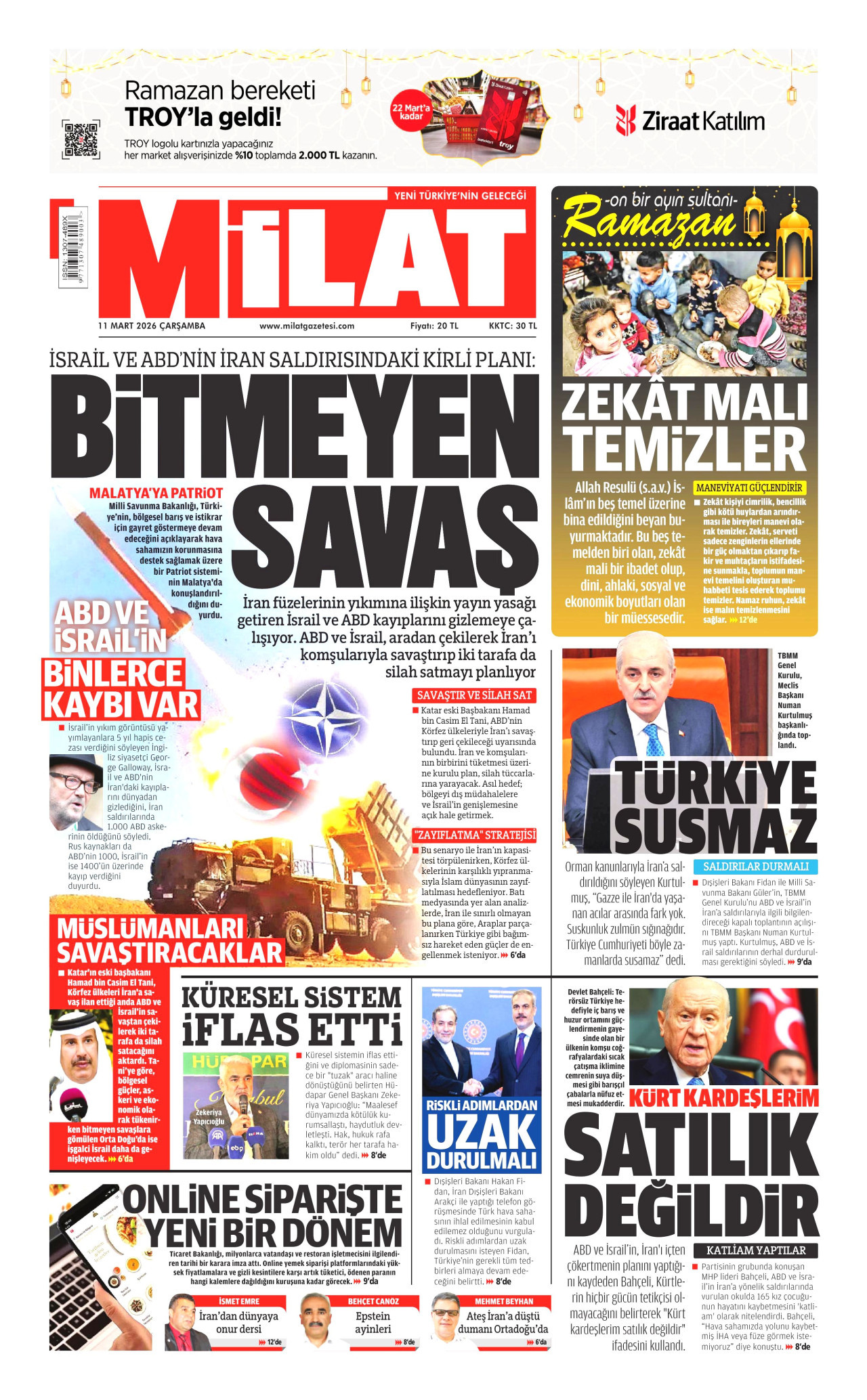 MİLAT gazetesinin 11 Mart 2026 tarihli birinci sayfası
