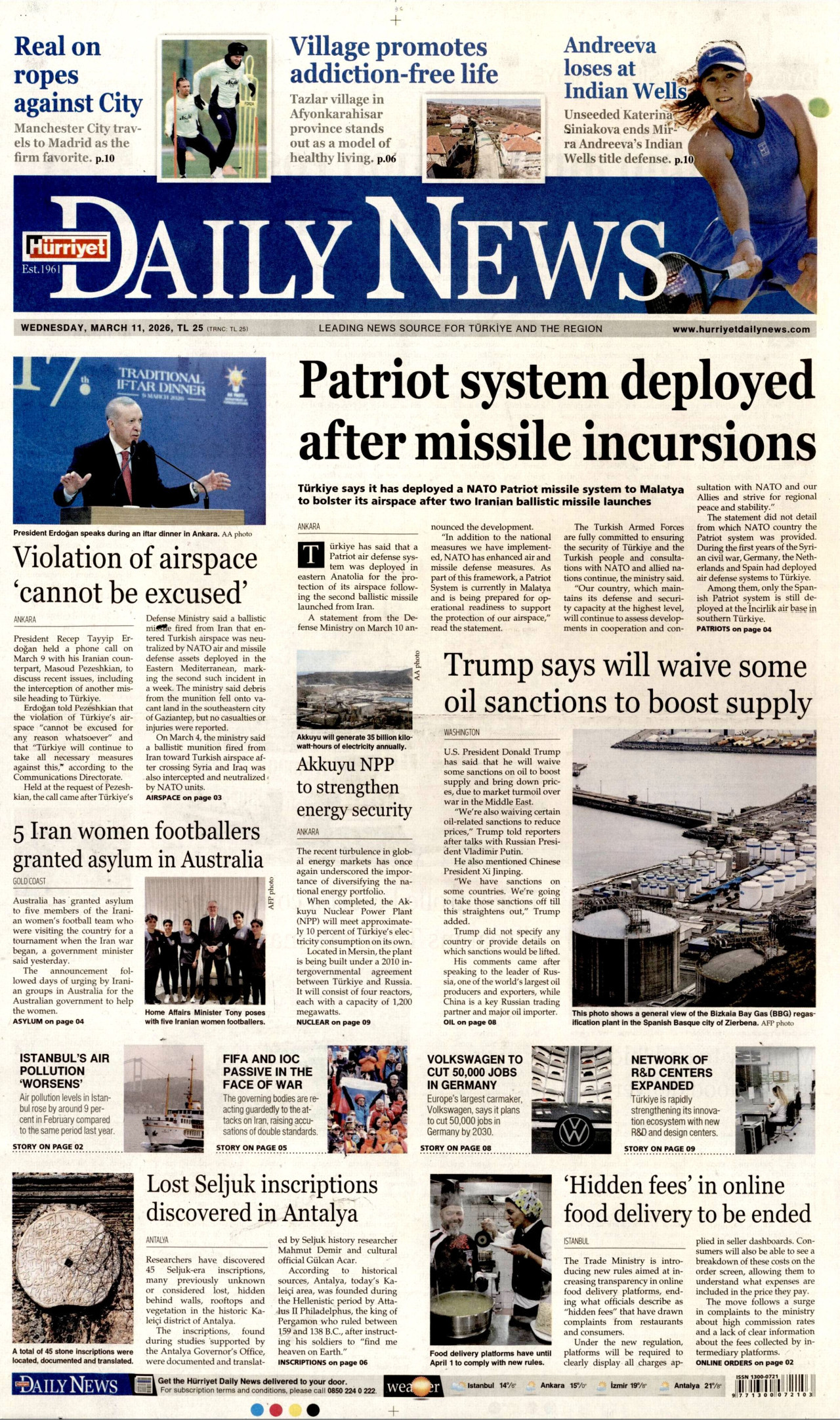 HÜRRİYET DAİLY NEWS gazetesinin 11 Mart 2026 tarihli birinci sayfası