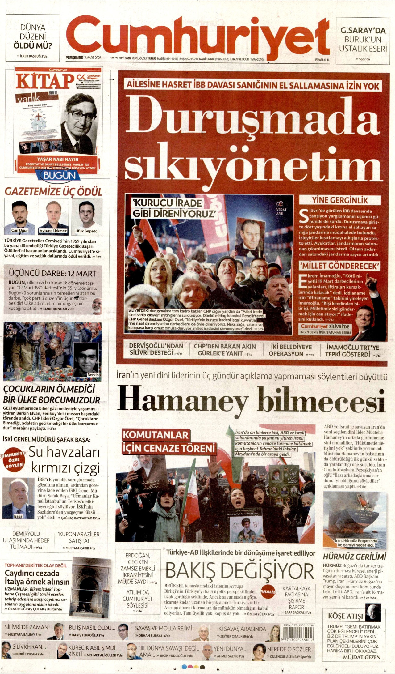 CUMHURİYET gazetesinin 12 Mart 2026 tarihli birinci sayfası