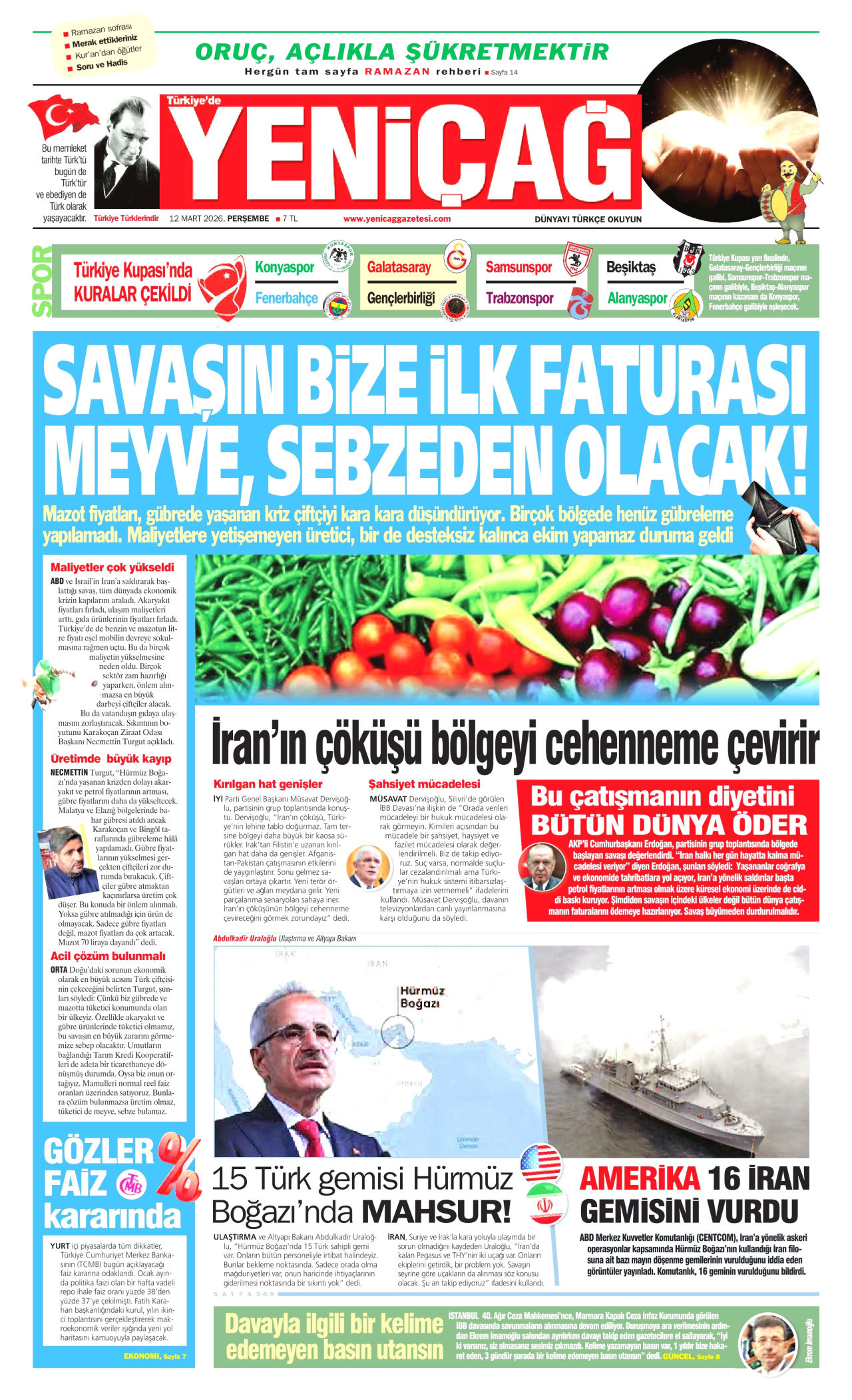 YENİÇAĞ gazetesinin 12 Mart 2026 tarihli birinci sayfası