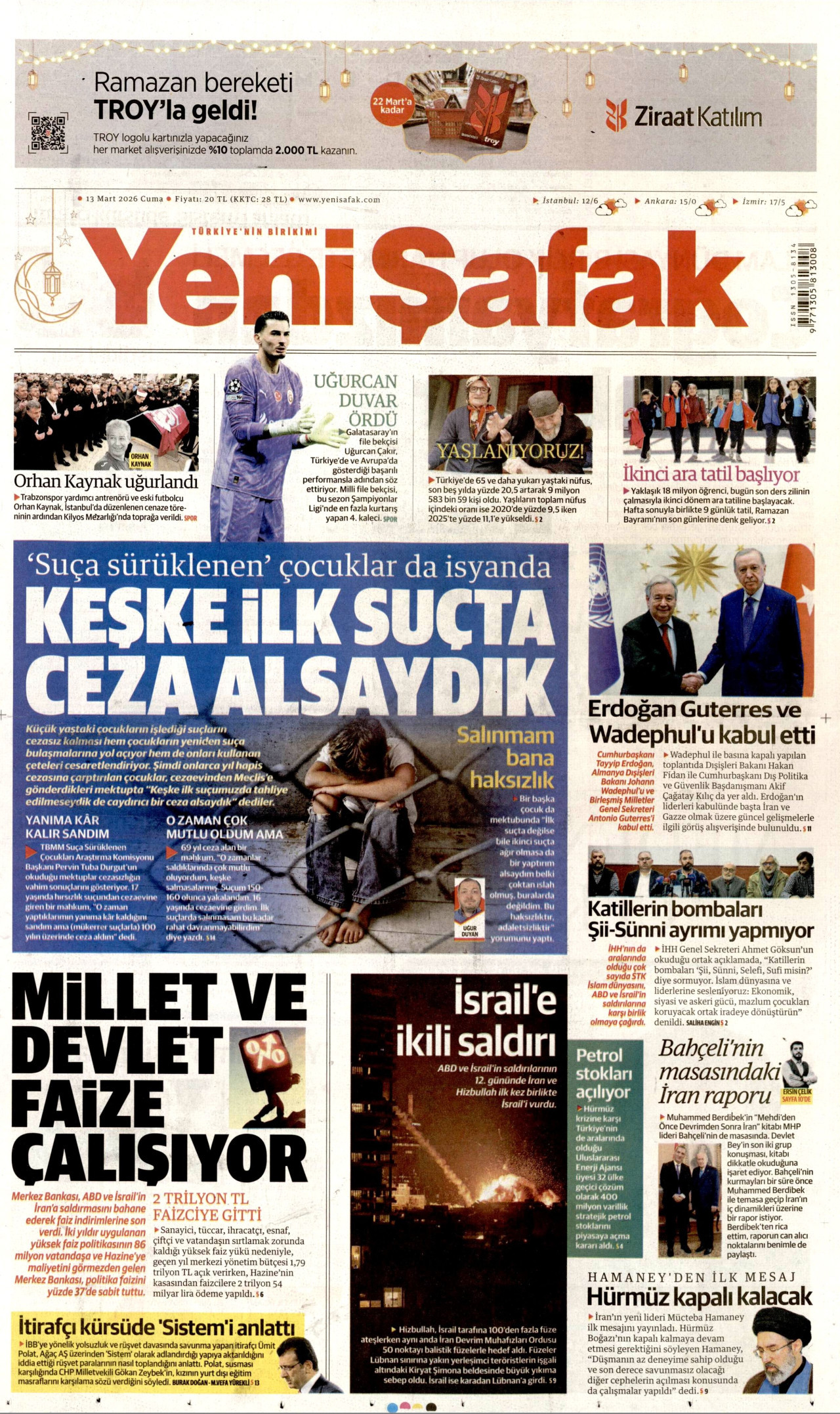 YENİ ŞAFAK gazetesinin 13 Mart 2026 tarihli birinci sayfası
