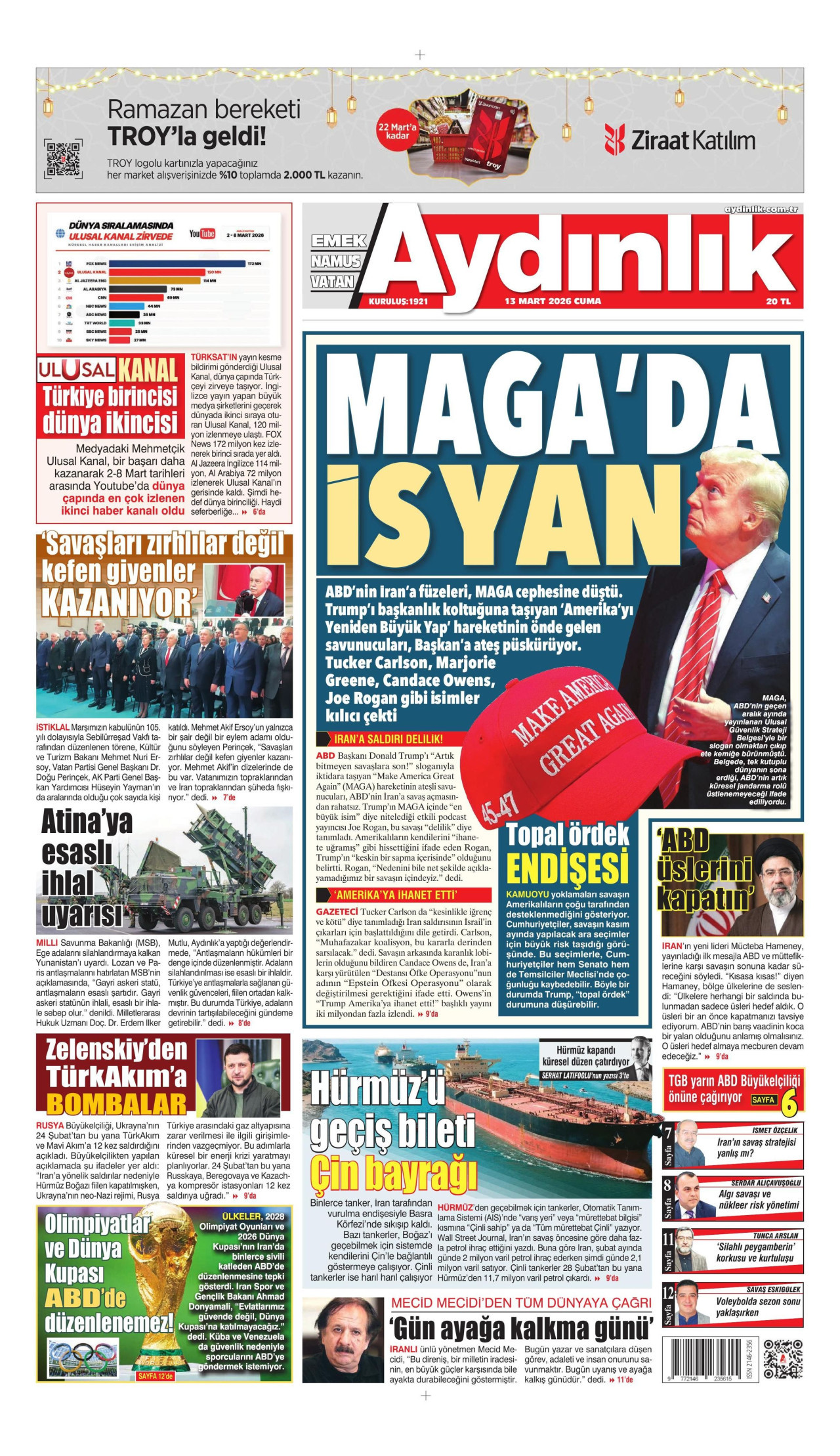 AYDINLIK GAZETESİ gazetesinin 13 Mart 2026 tarihli birinci sayfası