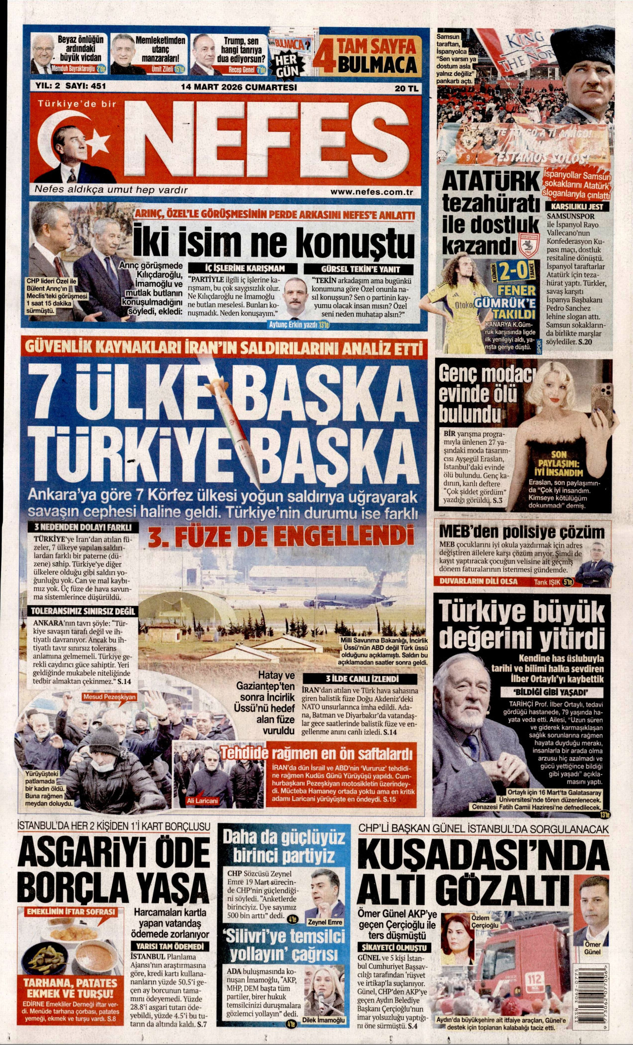 NEFES gazetesinin 14 Mart 2026 tarihli birinci sayfası