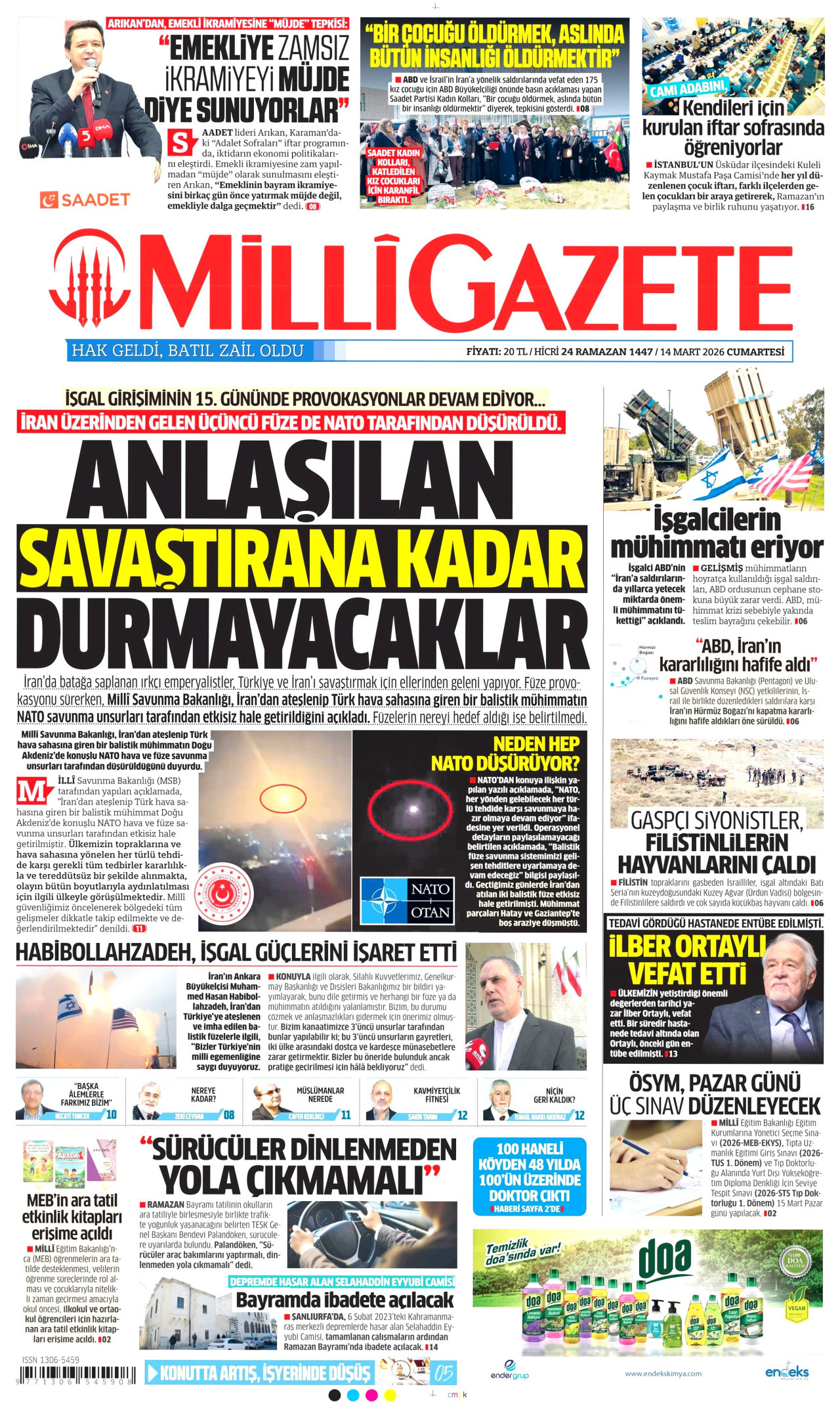 MİLLİ GAZETE gazetesinin 14 Mart 2026 tarihli birinci sayfası