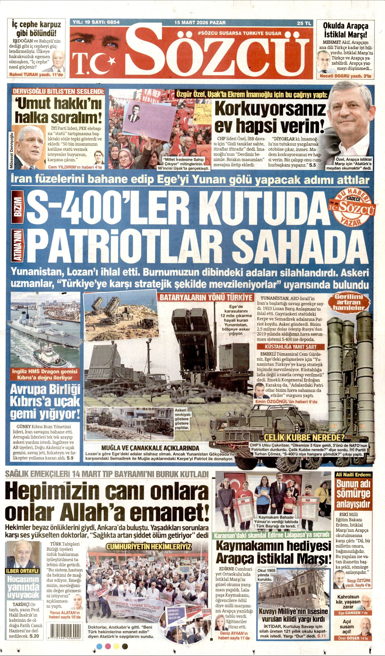 SÖZCÜ gazetesinin 15 Mart 2026 tarihli birinci sayfası