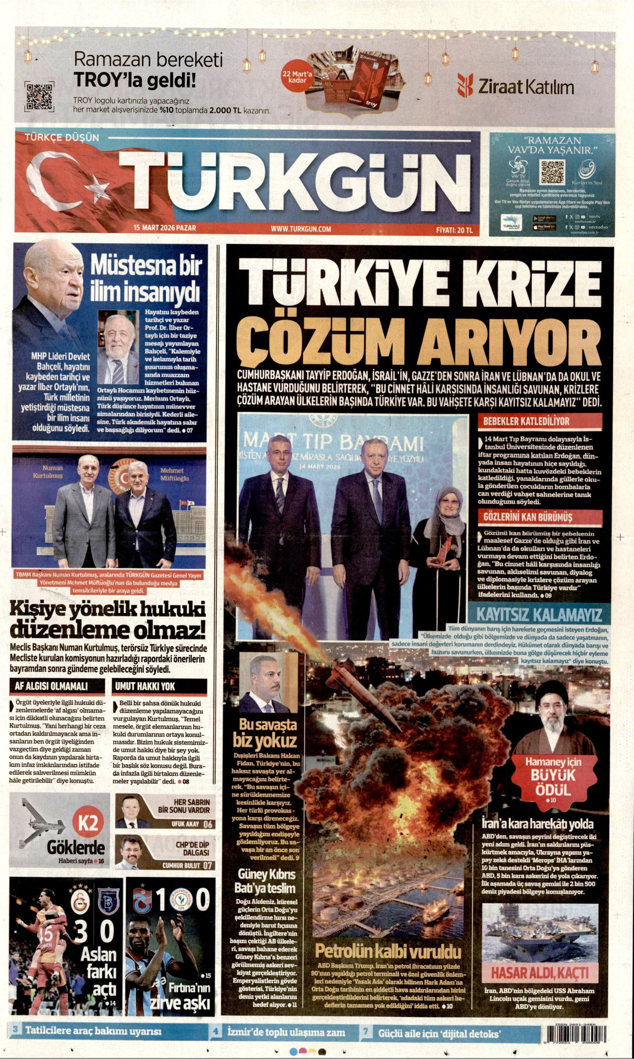 TÜRKGÜN gazetesinin 15 Mart 2026 tarihli birinci sayfası