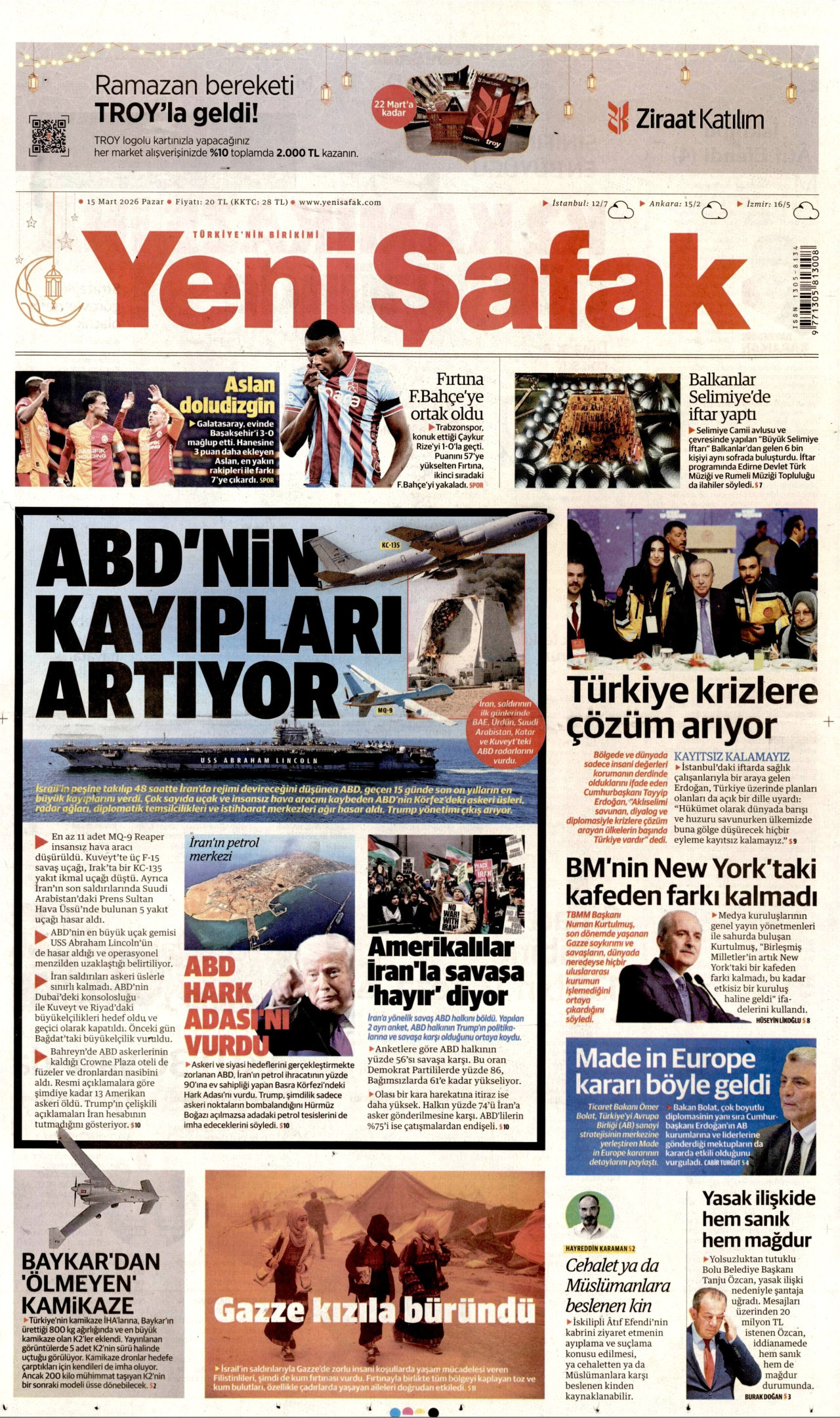 YENİ ŞAFAK gazetesinin 15 Mart 2026 tarihli birinci sayfası