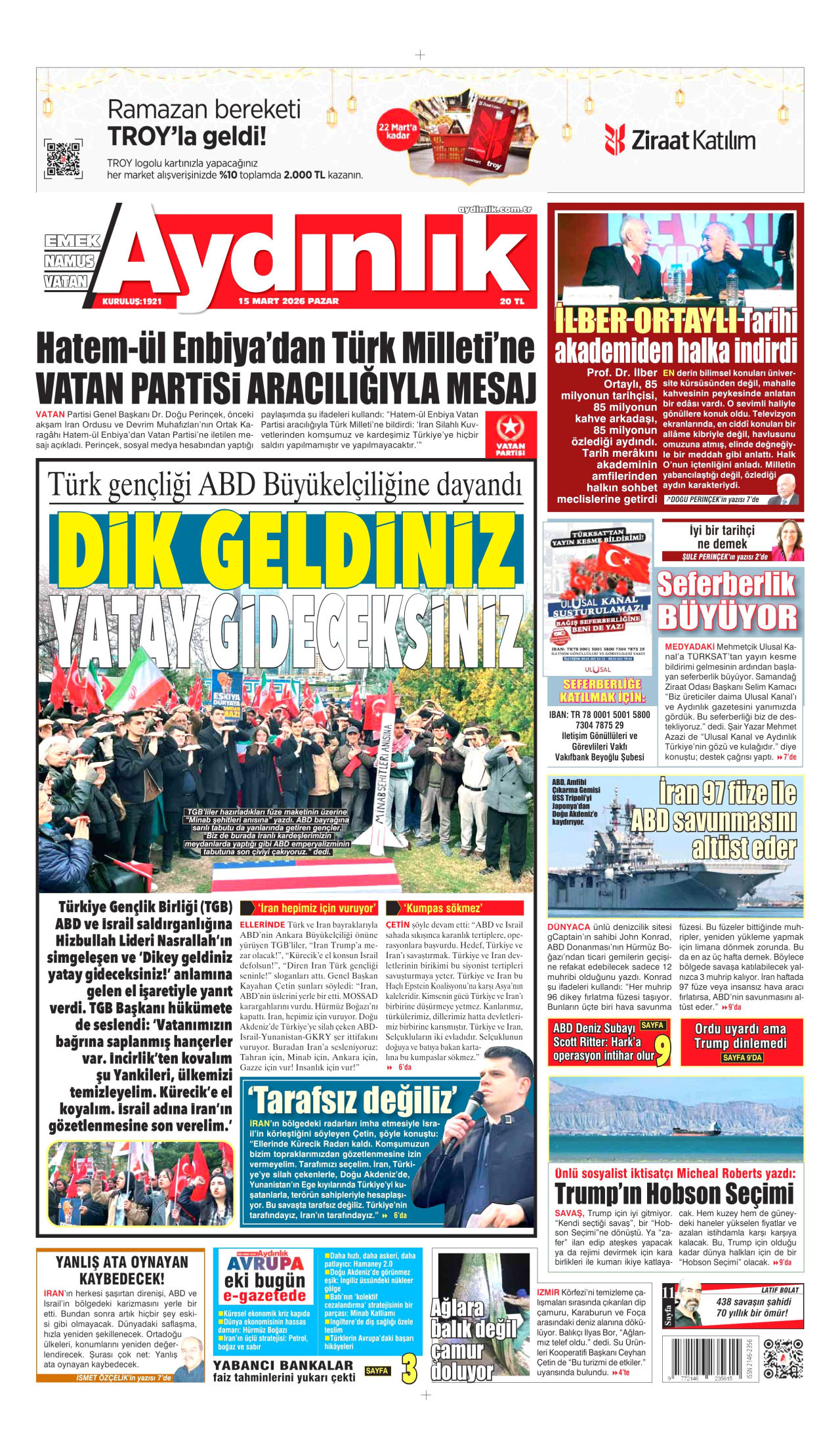 AYDINLIK GAZETESİ gazetesinin 15 Mart 2026 tarihli birinci sayfası