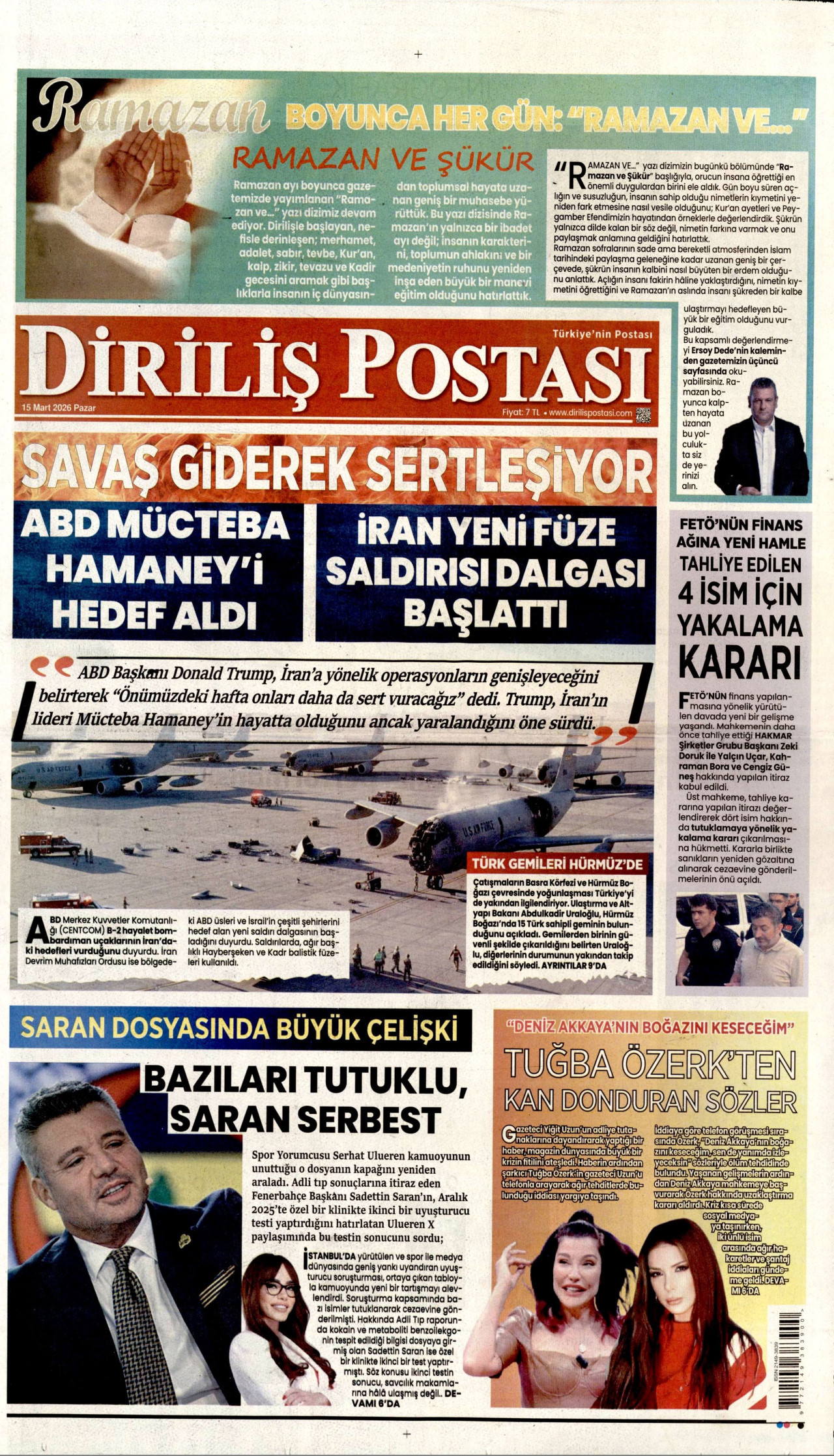 DİRİLİŞ POSTASI gazetesinin 15 Mart 2026 tarihli birinci sayfası