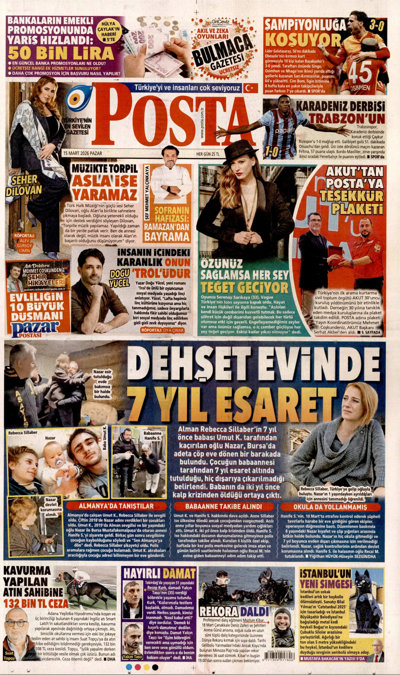 POSTA gazetesinin 15 Mart 2026 tarihli birinci sayfası