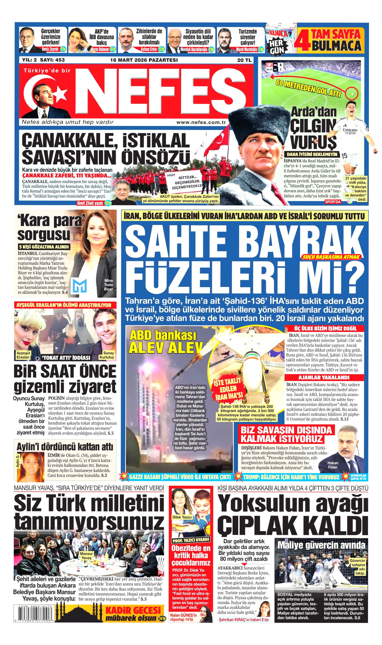NEFES gazetesinin 16 Mart 2026 tarihli birinci sayfası