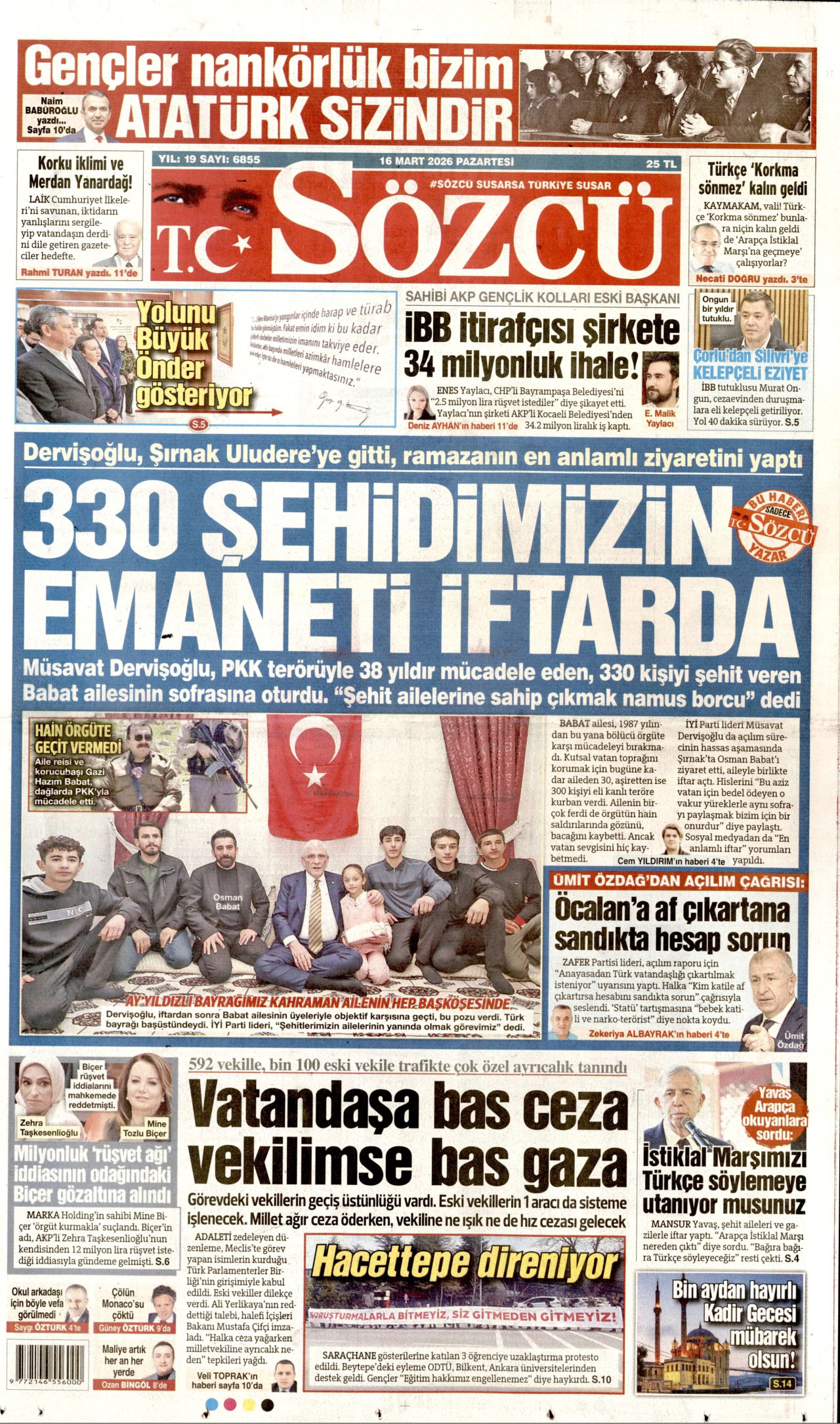 SÖZCÜ gazetesinin 16 Mart 2026 tarihli birinci sayfası