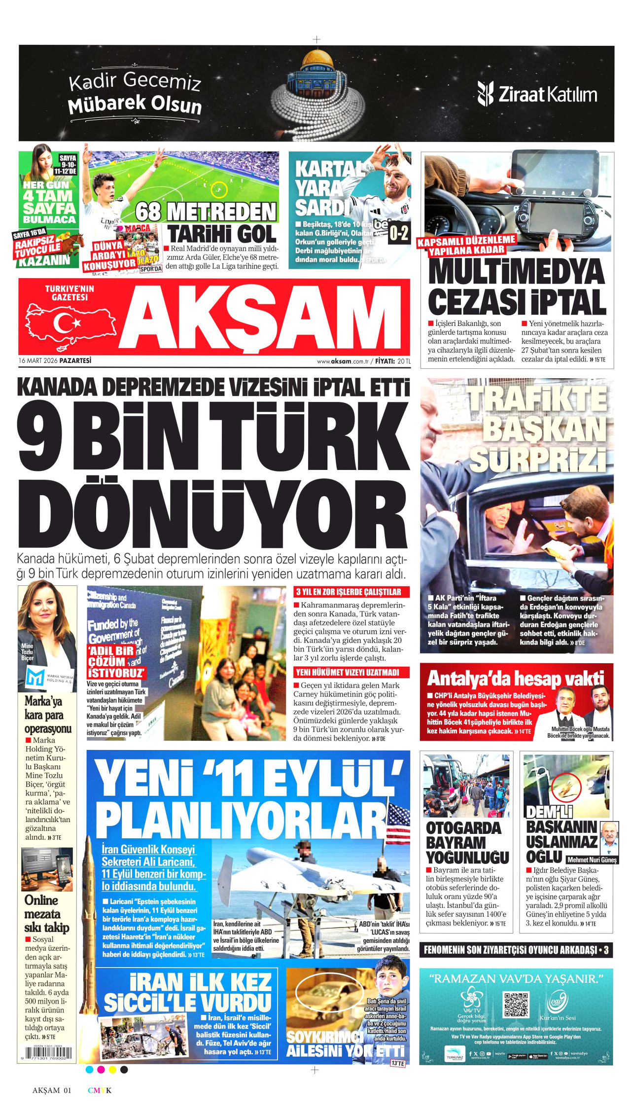 AKŞAM gazetesinin 16 Mart 2026 tarihli birinci sayfası