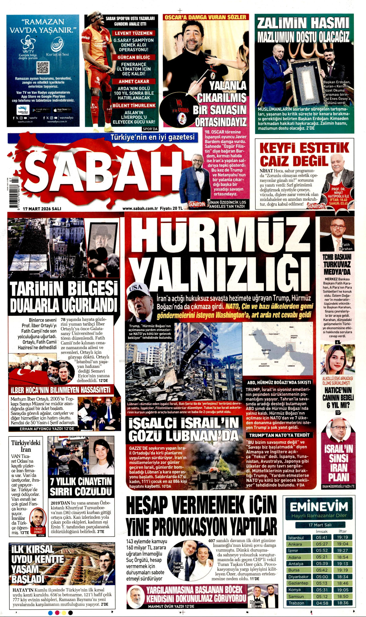 SABAH gazetesinin 17 Mart 2026 tarihli birinci sayfası