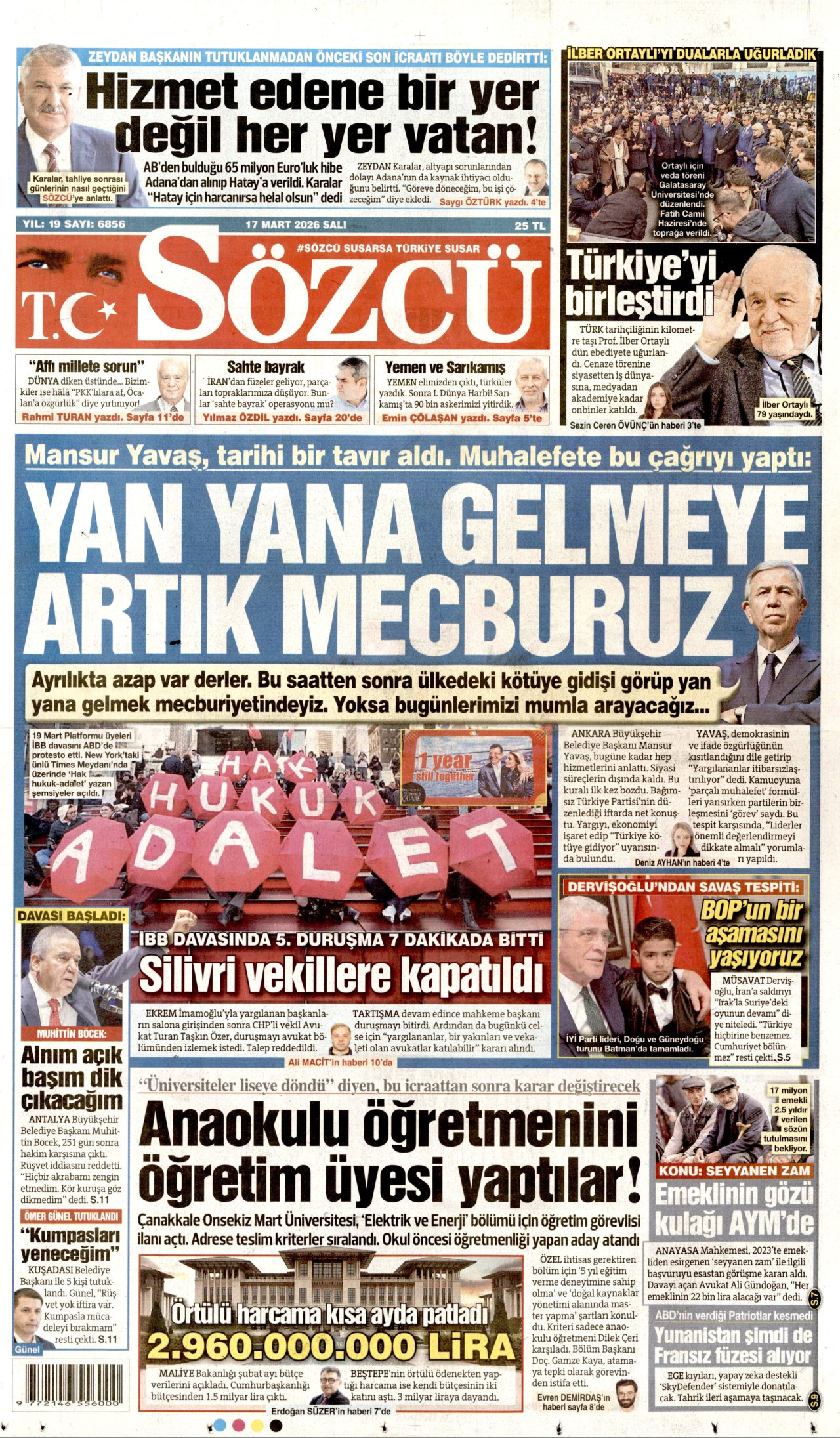 SÖZCÜ gazetesinin 17 Mart 2026 tarihli birinci sayfası