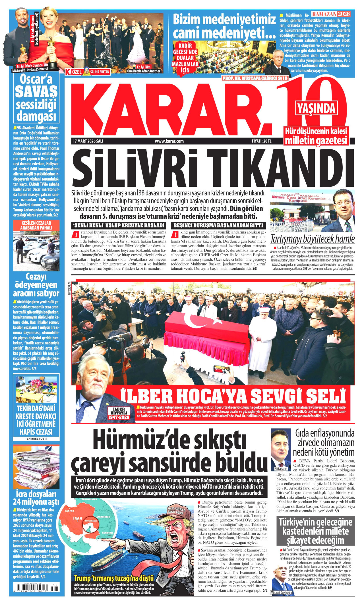 KARAR gazetesinin 17 Mart 2026 tarihli birinci sayfası