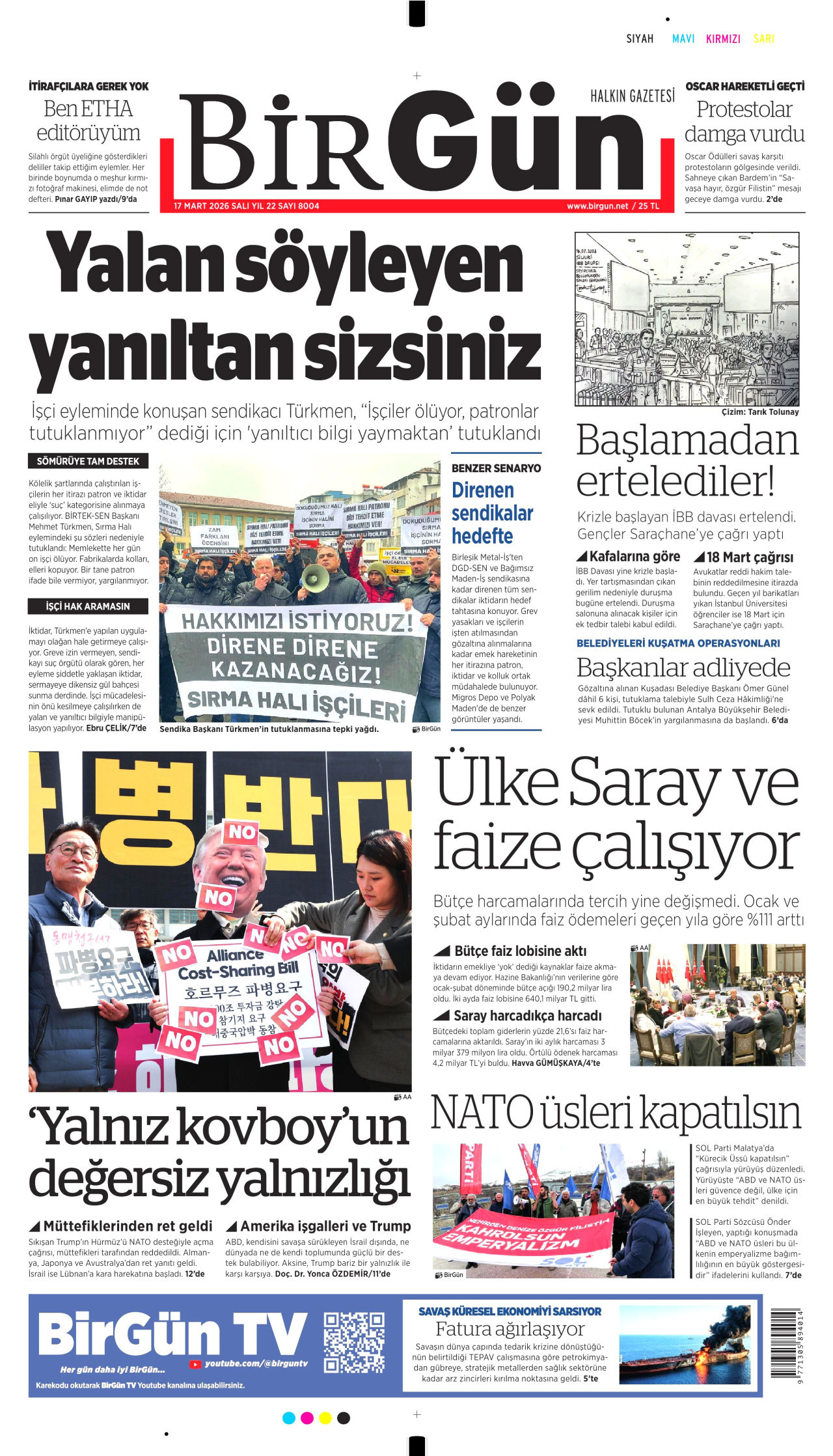 BİRGÜN gazetesinin 17 Mart 2026 tarihli birinci sayfası