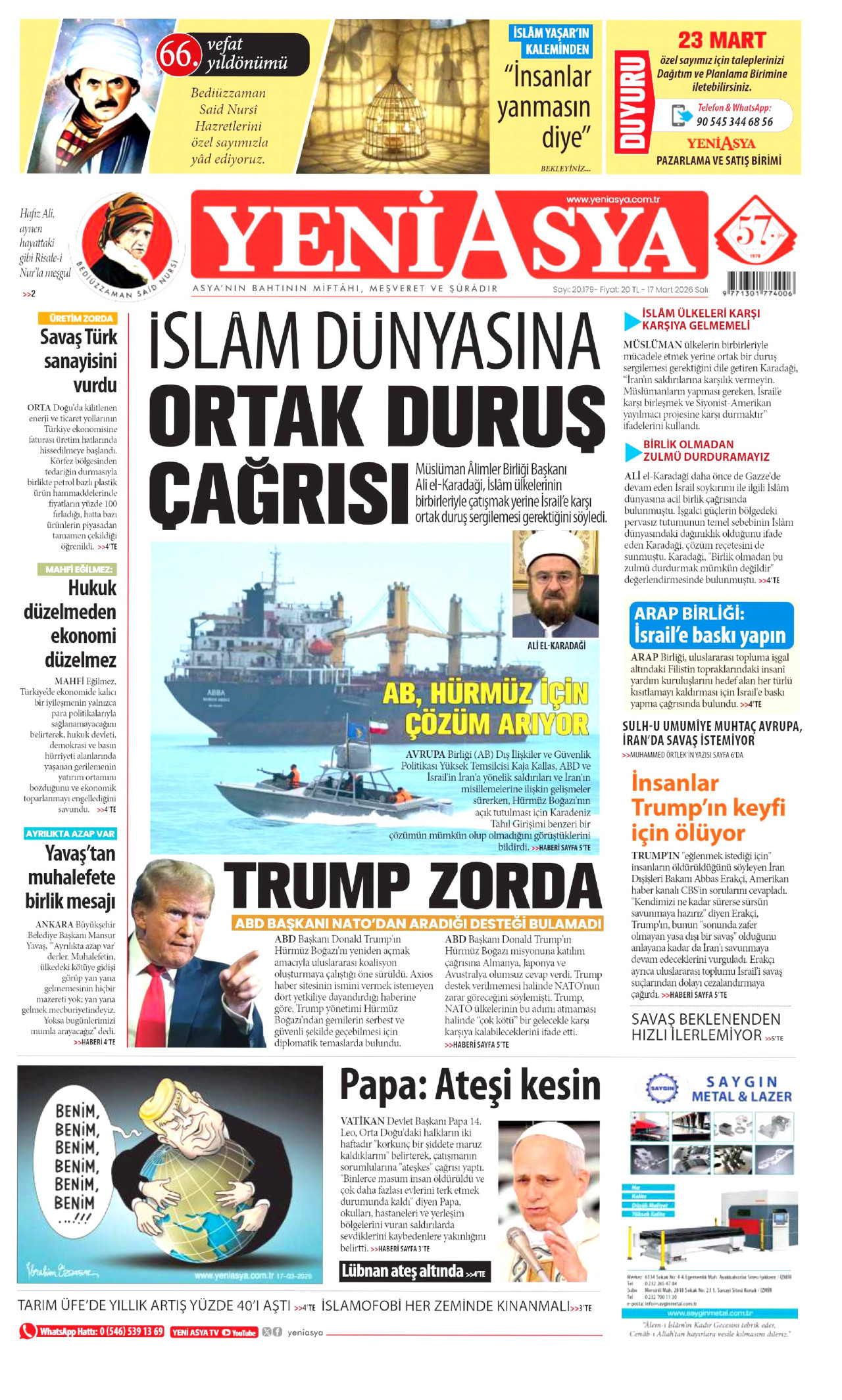 YENİ ASYA gazetesinin 17 Mart 2026 tarihli birinci sayfası