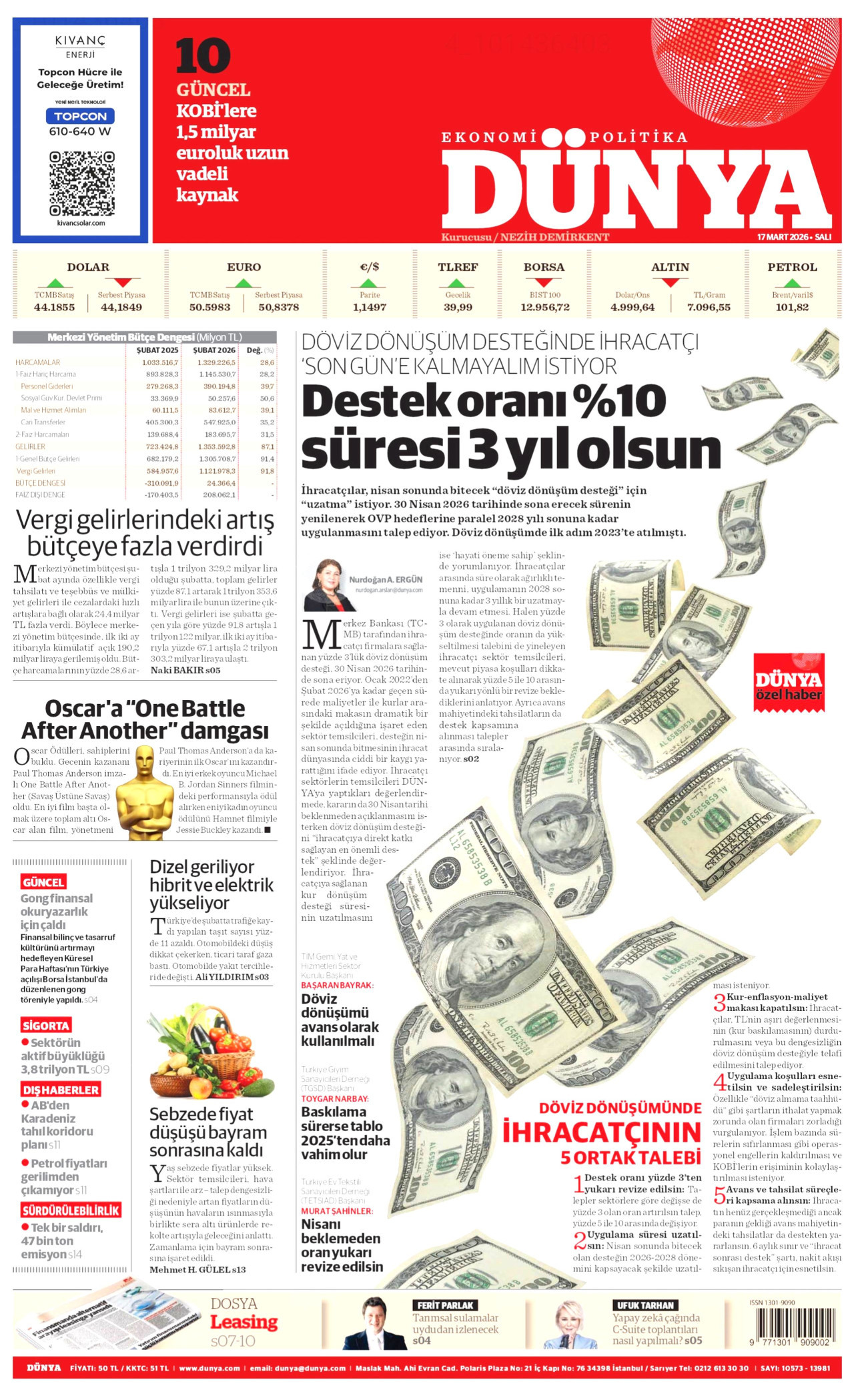 DÜNYA gazetesinin 17 Mart 2026 tarihli birinci sayfası
