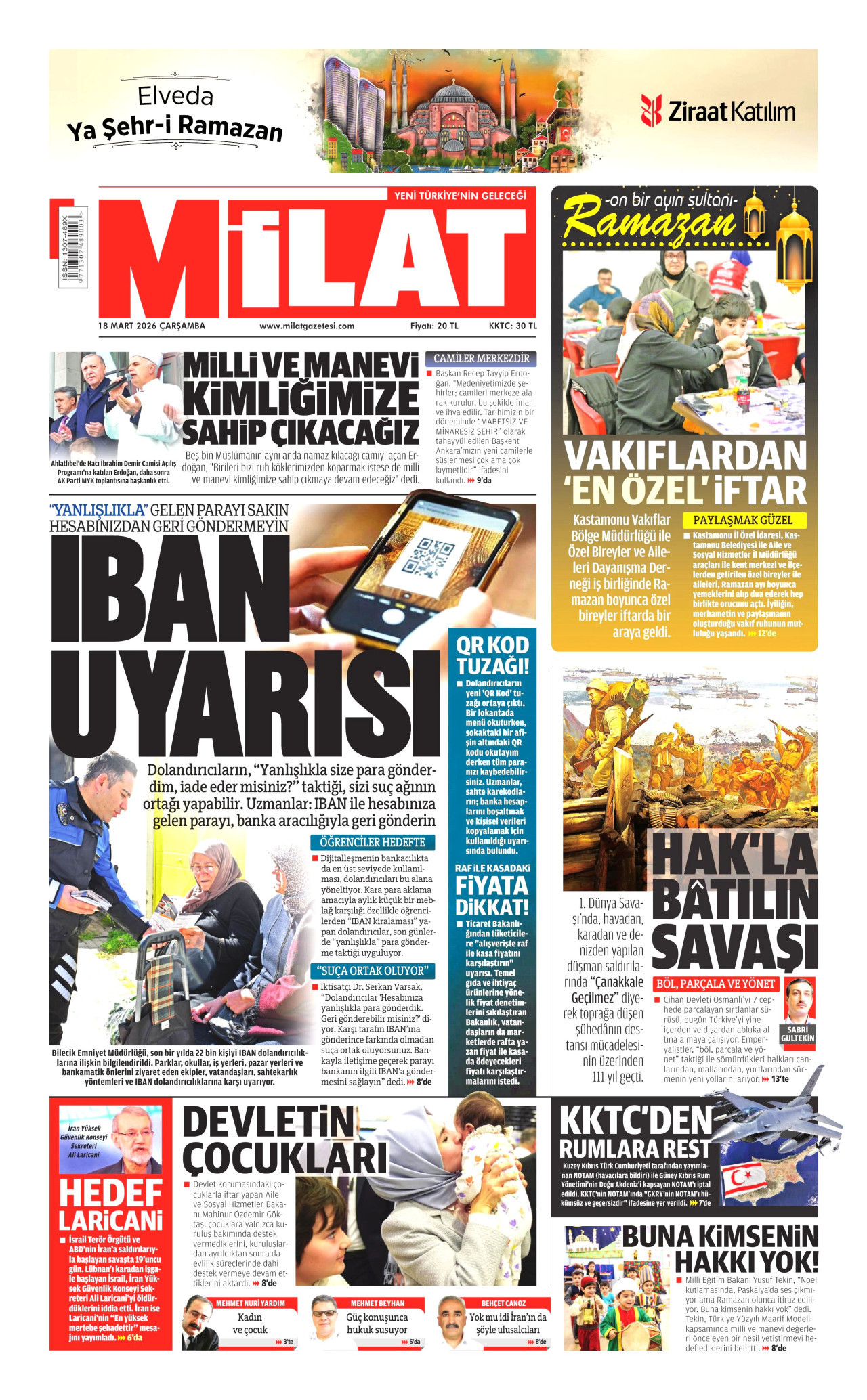 MİLAT gazetesinin 18 Mart 2026 tarihli birinci sayfası