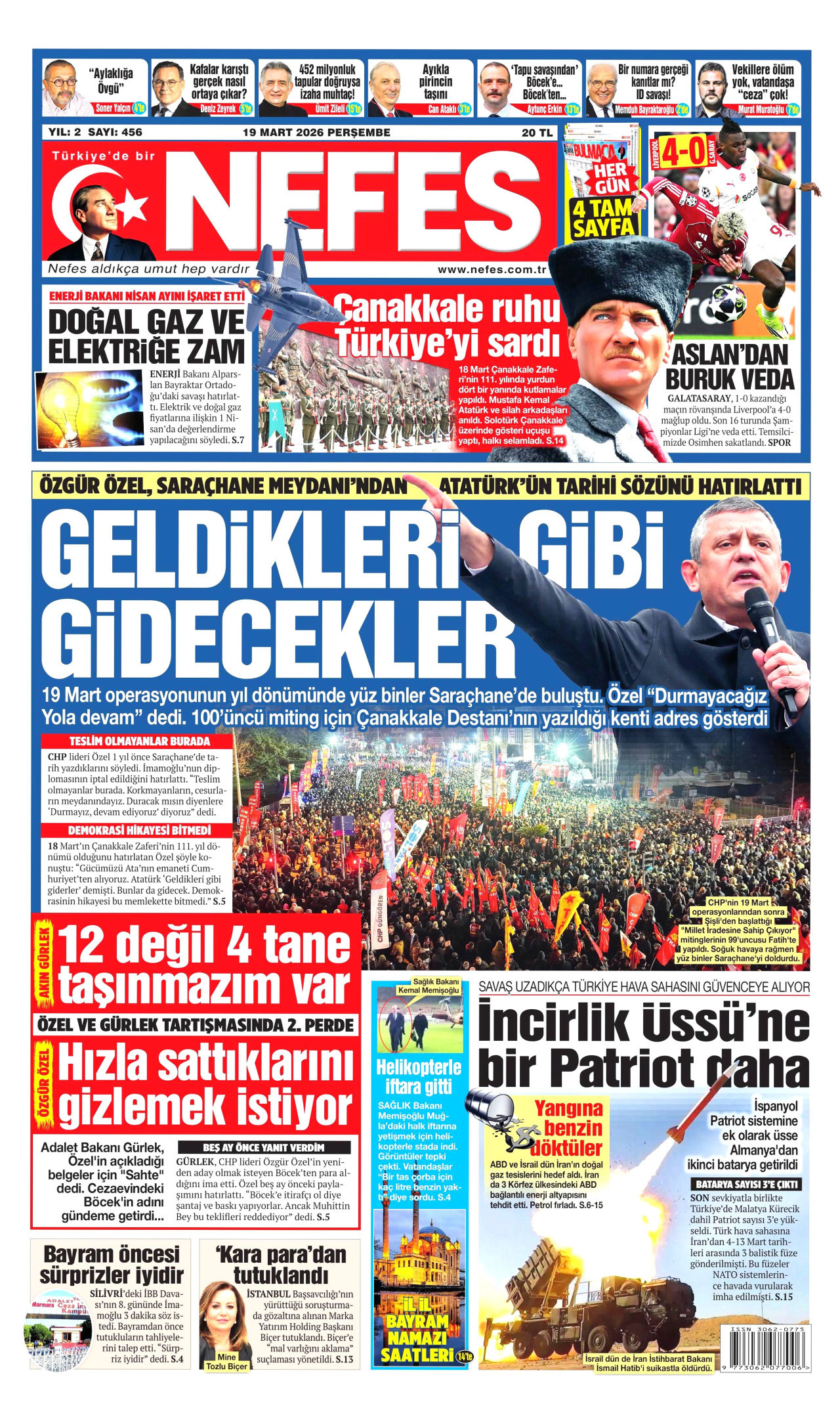 NEFES gazetesinin 19 Mart 2026 tarihli birinci sayfası