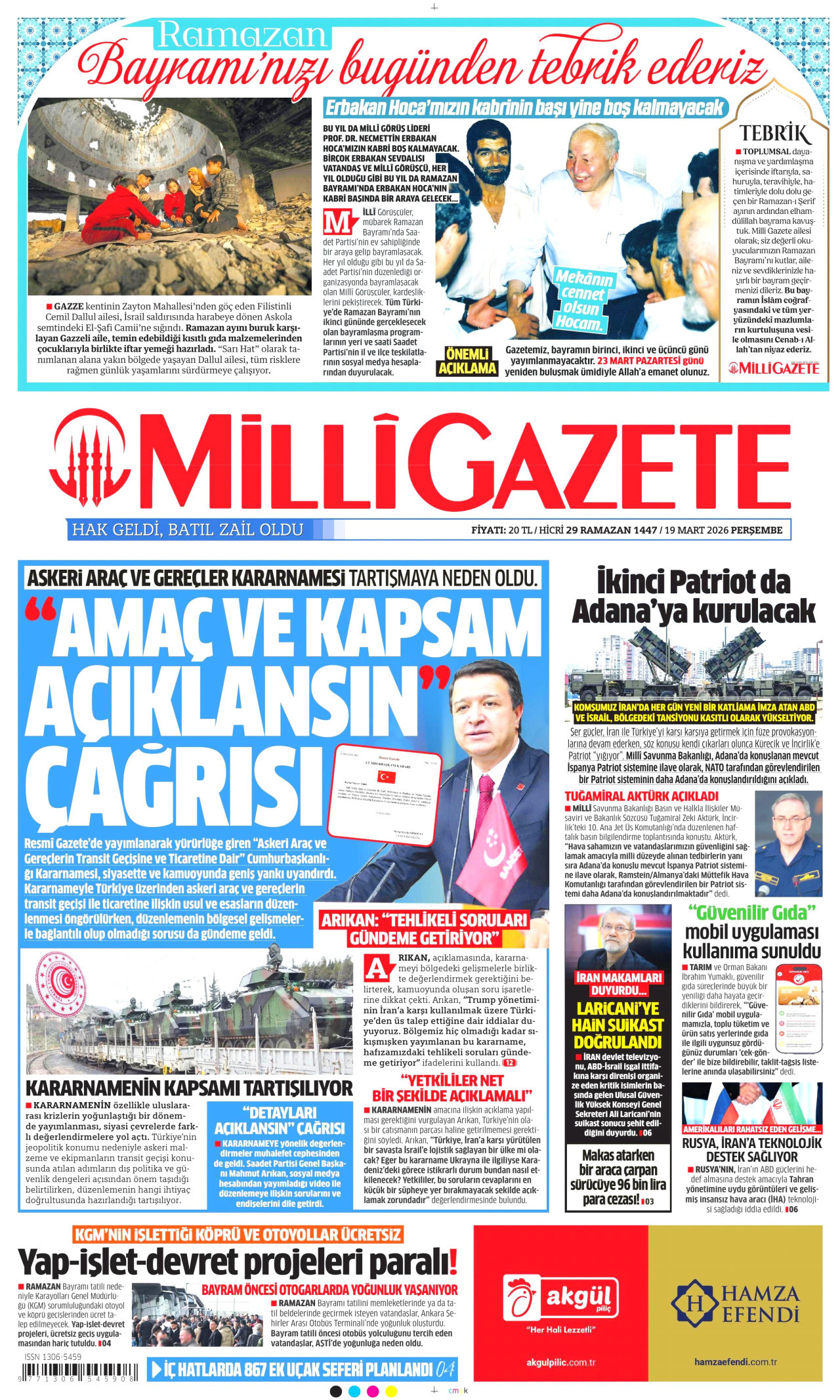 MİLLİ GAZETE gazetesinin 19 Mart 2026 tarihli birinci sayfası