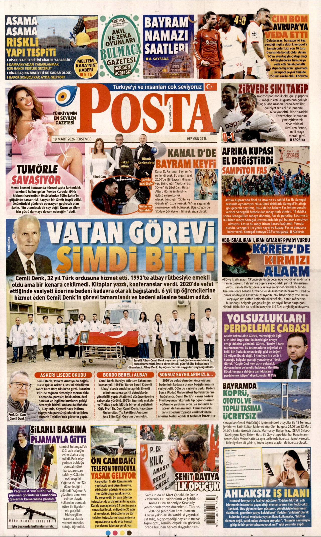 POSTA gazetesinin 19 Mart 2026 tarihli birinci sayfası
