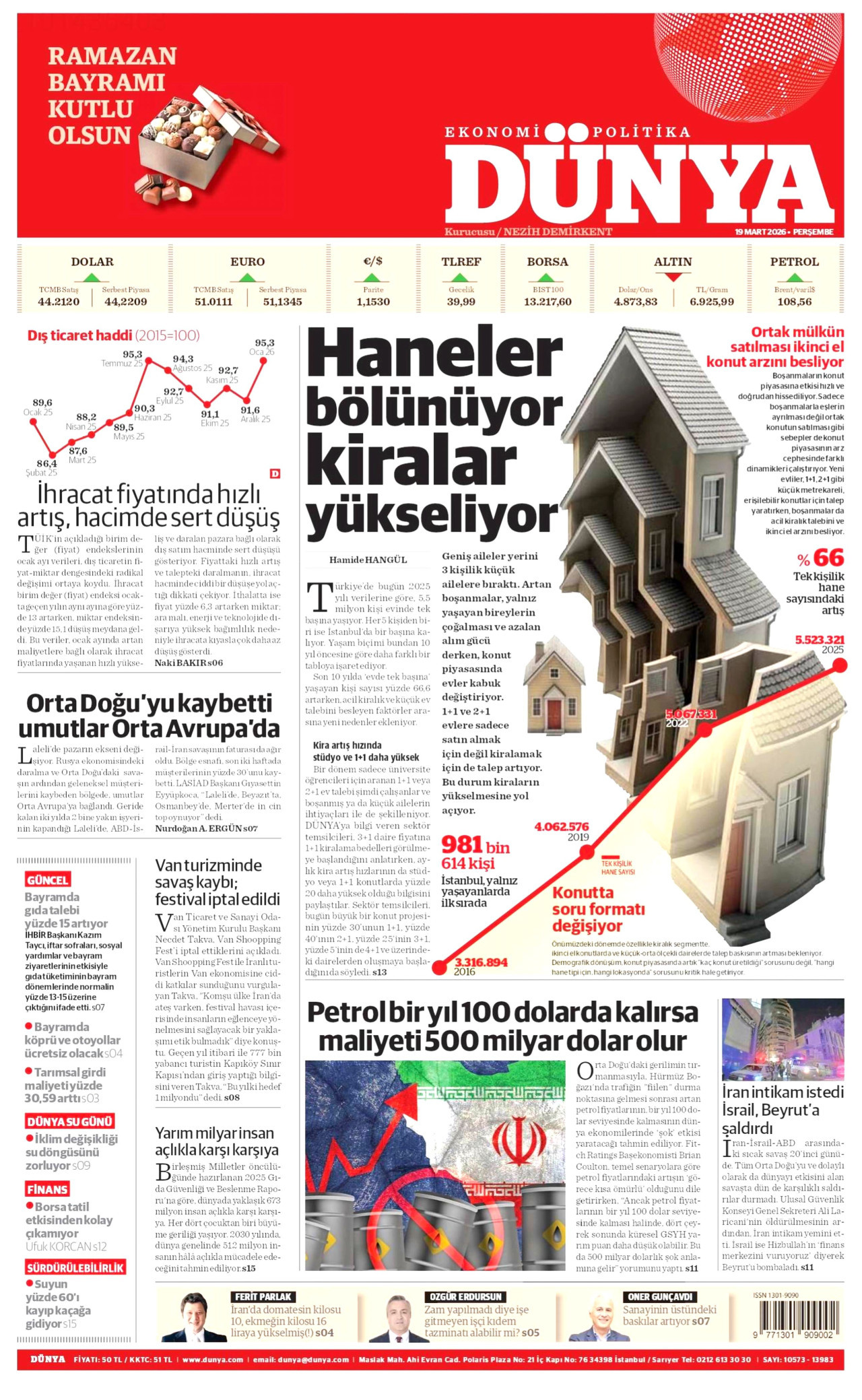 DÜNYA gazetesinin 19 Mart 2026 tarihli birinci sayfası