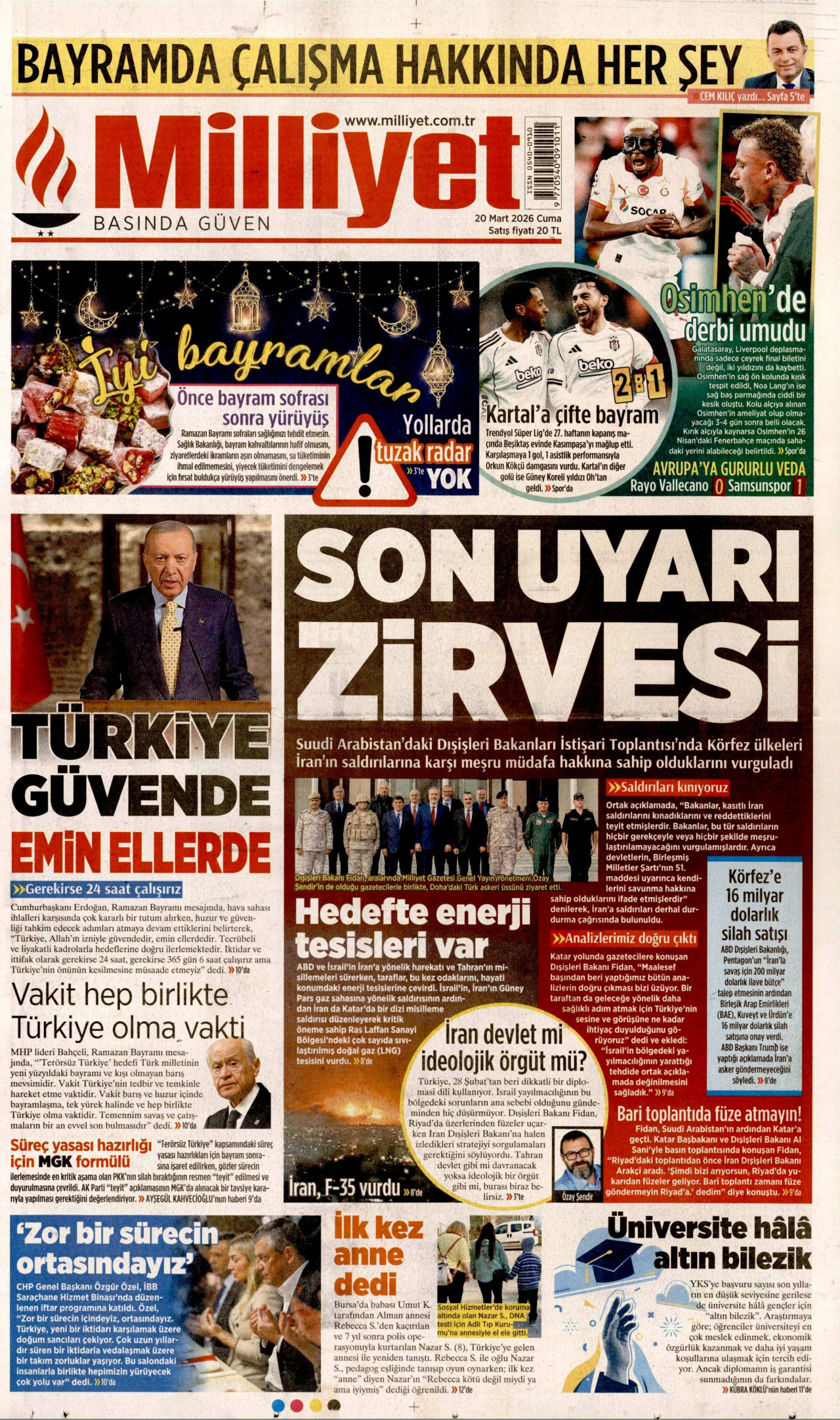 MİLLİYET gazetesinin 20 Mart 2026 tarihli birinci sayfası