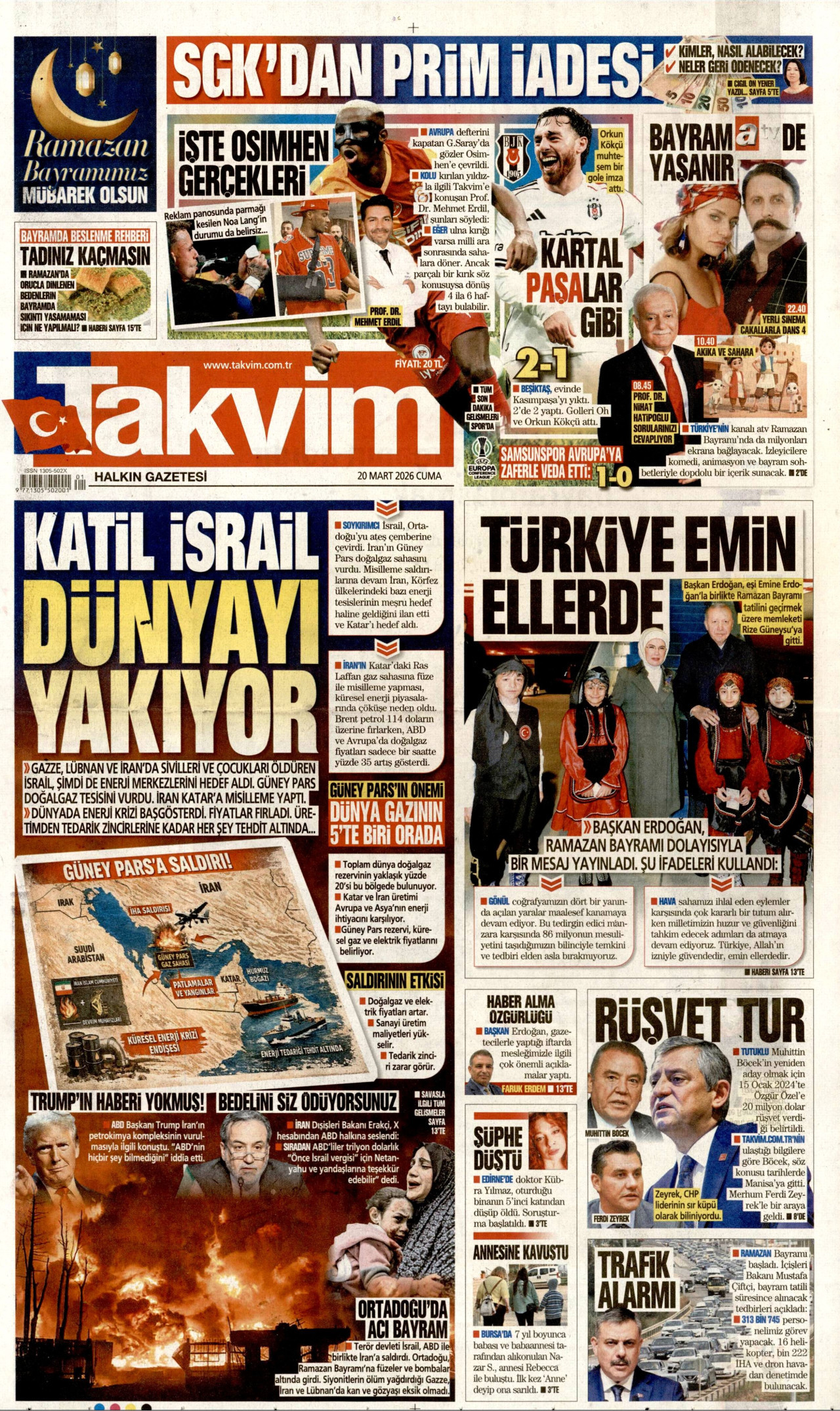 TAKVİM gazetesinin 20 Mart 2026 tarihli birinci sayfası