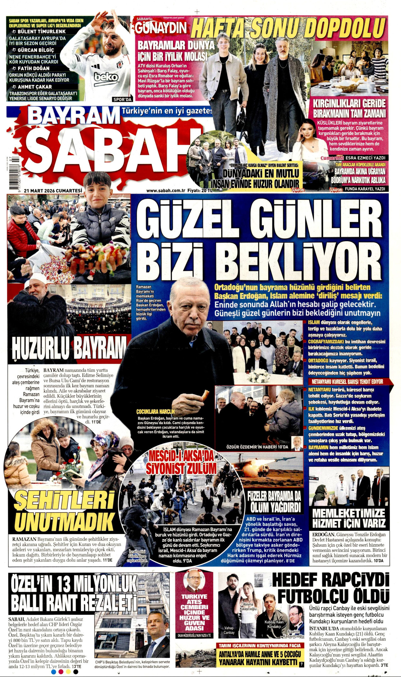 SABAH gazetesinin 21 Mart 2026 tarihli birinci sayfası
