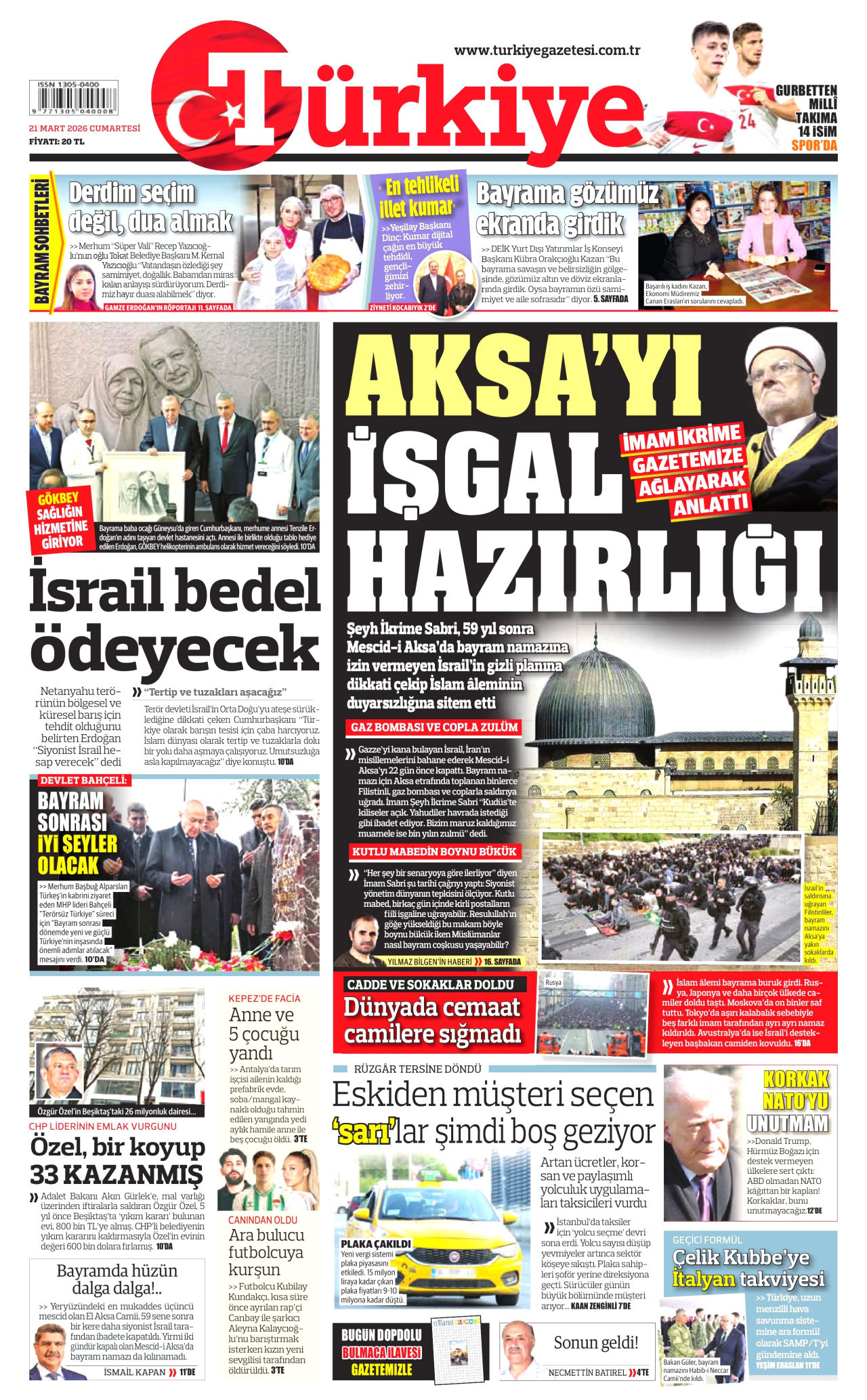 TÜRKİYE GAZETESİ gazetesinin 21 Mart 2026 tarihli birinci sayfası