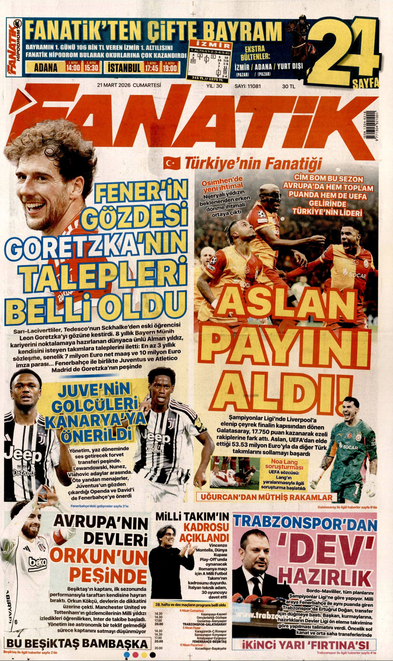 FANATİK gazetesinin 21 Mart 2026 tarihli birinci sayfası
